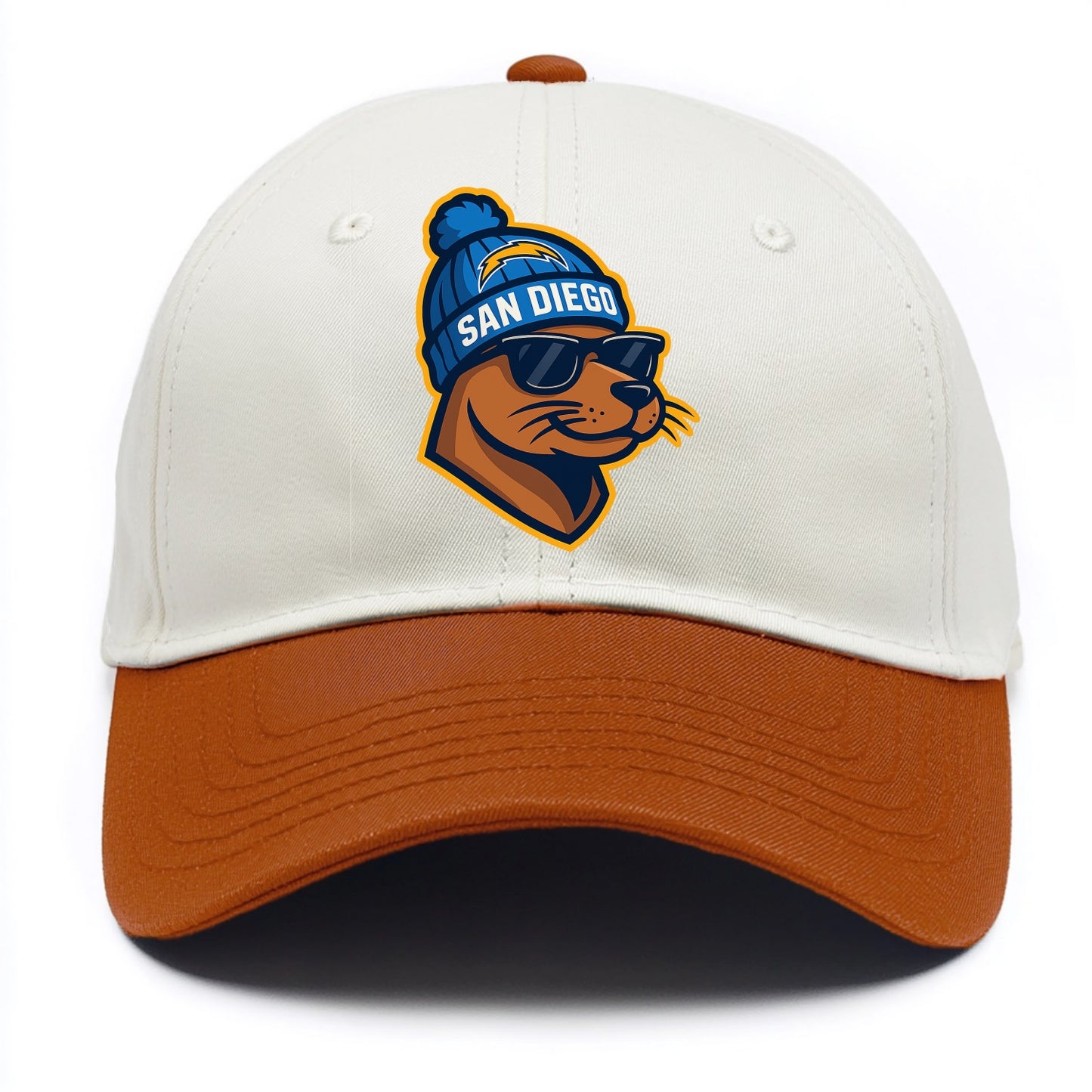 San Diego Sea Lion wearing Chargers beanie with bolt patch and wayfarer sunglasses - Two Tone Cap - Orange
