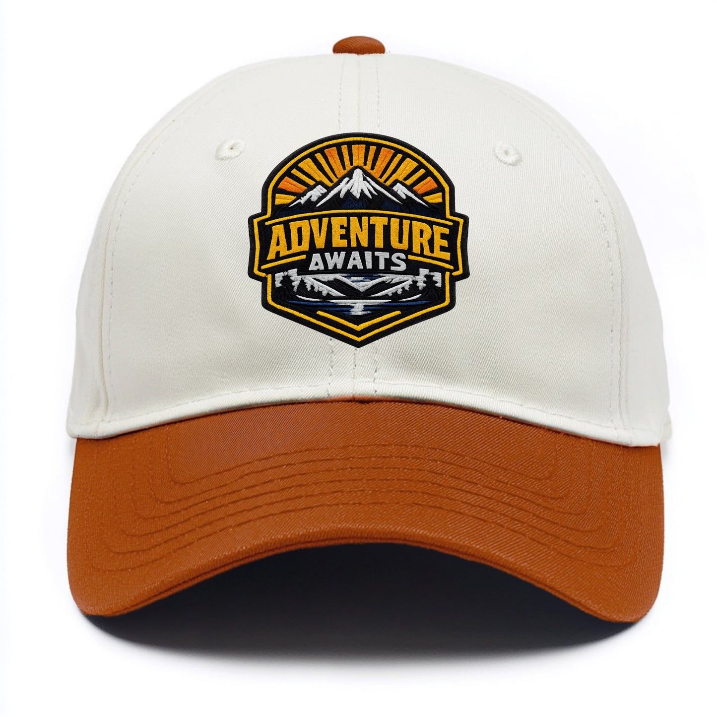 ADVENTURE AWAITS - mountain sunrise with text in gold and blue , wanderlust - Two Tone Cap - Orange