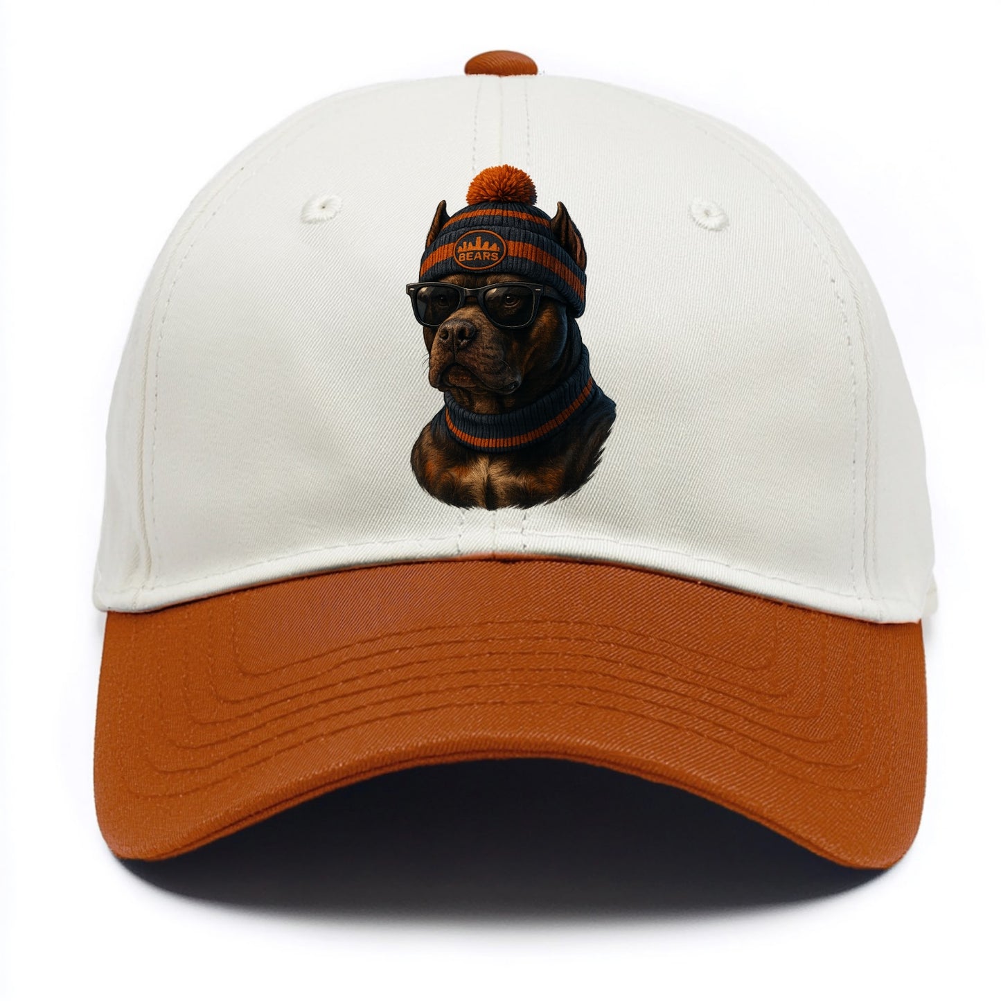 Chicago Pitbull wearing Bears beanie with skyline patch and wayfarer sunglasses - Two Tone Cap - Orange