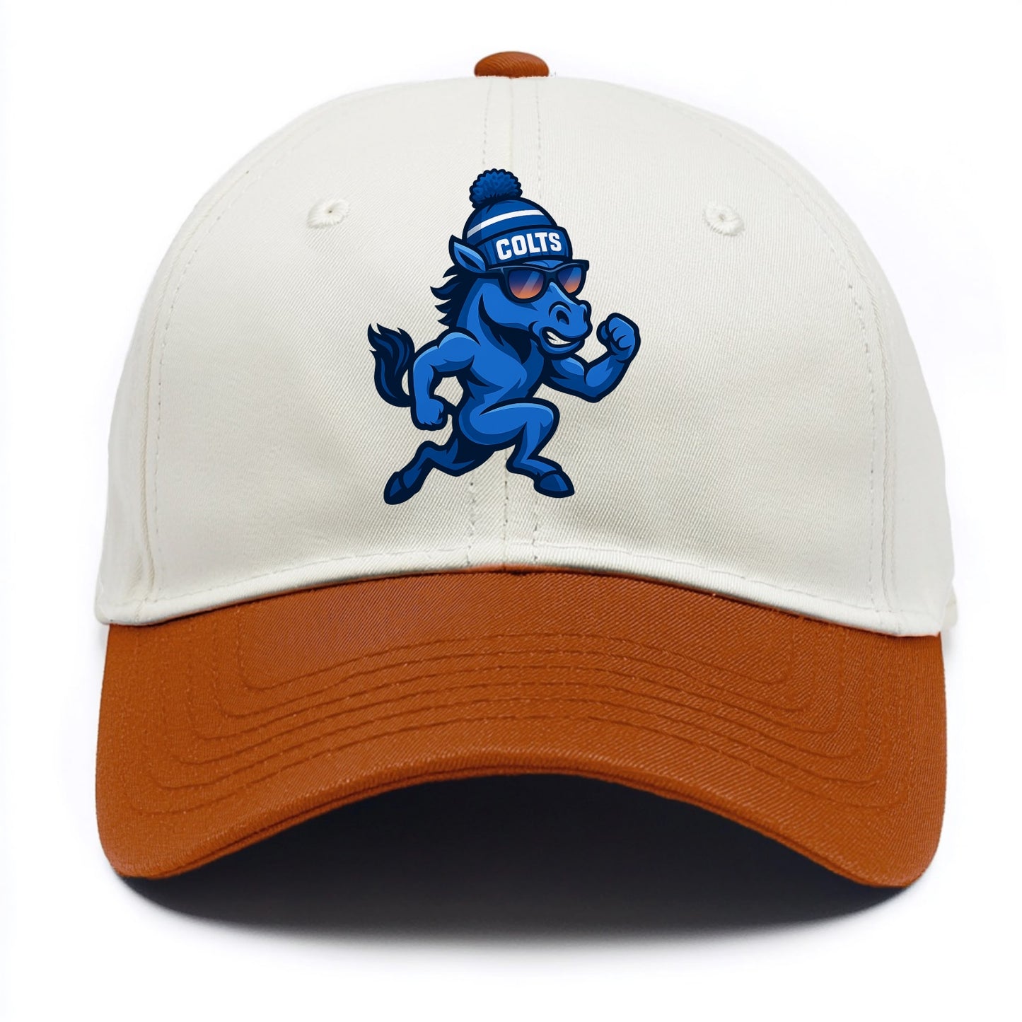 Indianapolis Colt Horse wearing Colts blue and white beanie with pom pom and - Two Tone Cap - Orange