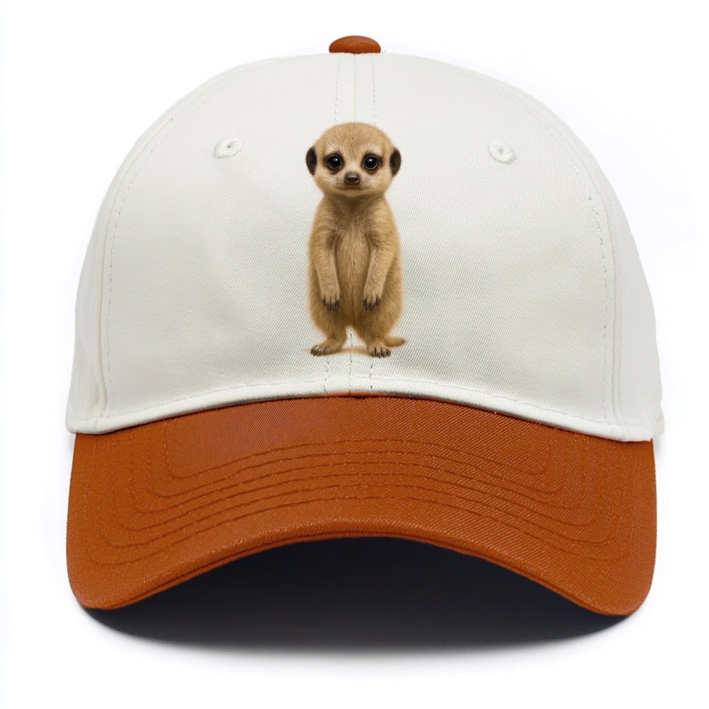 Baby Meerkat - tan fur, dark eye patches, alert stance, bright eyes, front-facing, - Two Tone Cap - Orange