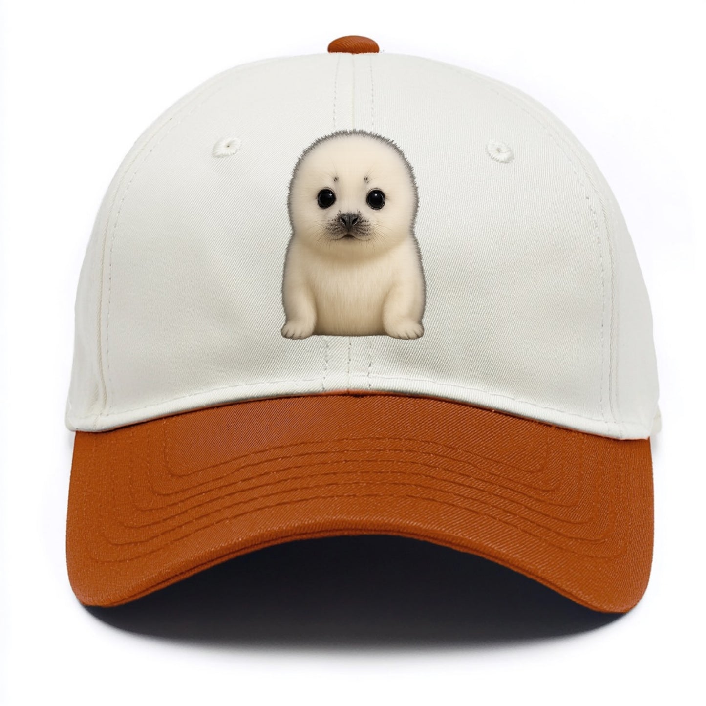 Baby Harp Seal - pure white fluffy fur, enormous dark eyes, front-facing, iconic cute - Two Tone Cap - Orange