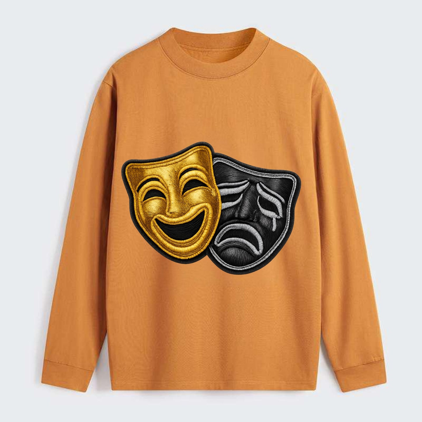 BROADWAY MASKS - comedy tragedy masks in gold and black , theater - Classic Long Sleeve Shirt - Orange