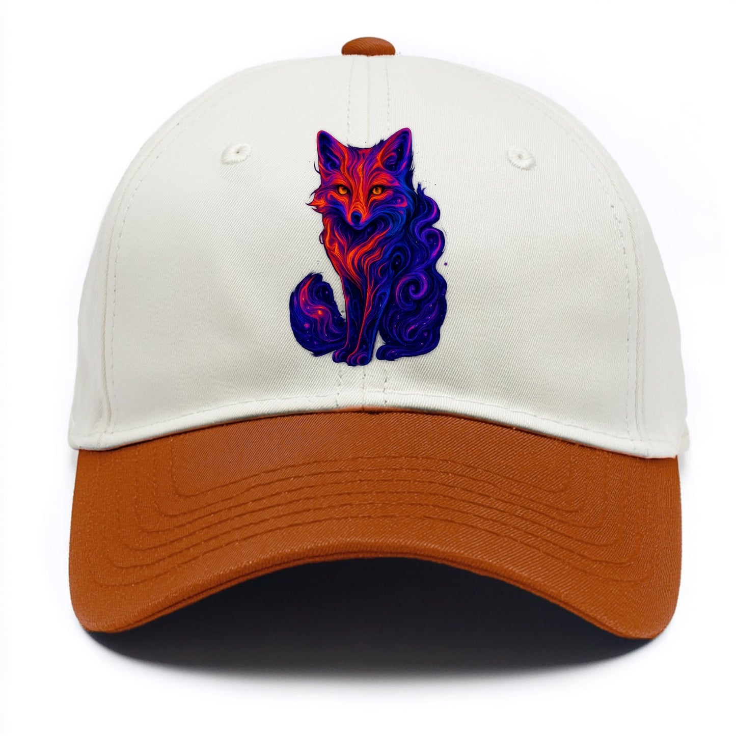 Clever fox with tail dissolving into cosmic nebula swirls, orange to purple gradient - Two Tone Cap - Orange