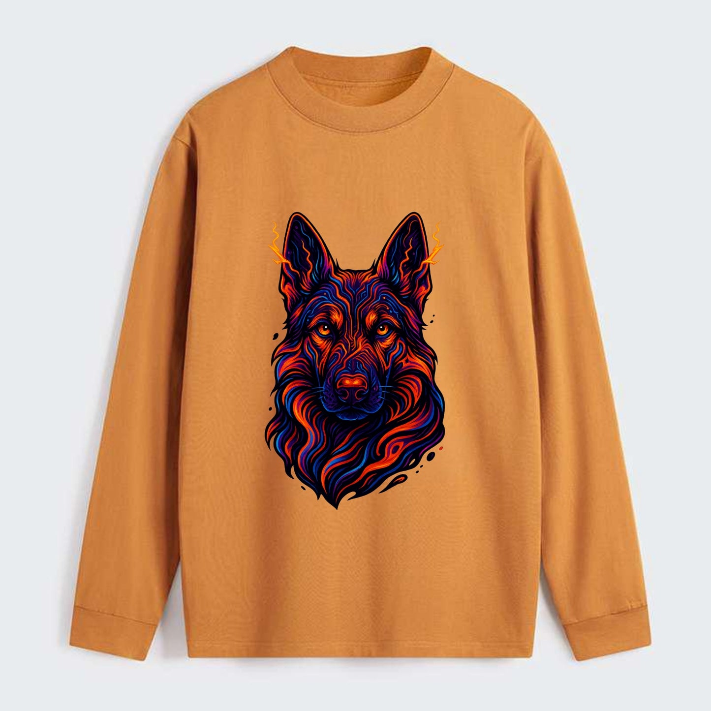 Alert German Shepherd with cyber circuit patterns in the fur, neon - Classic Long Sleeve Shirt - Orange