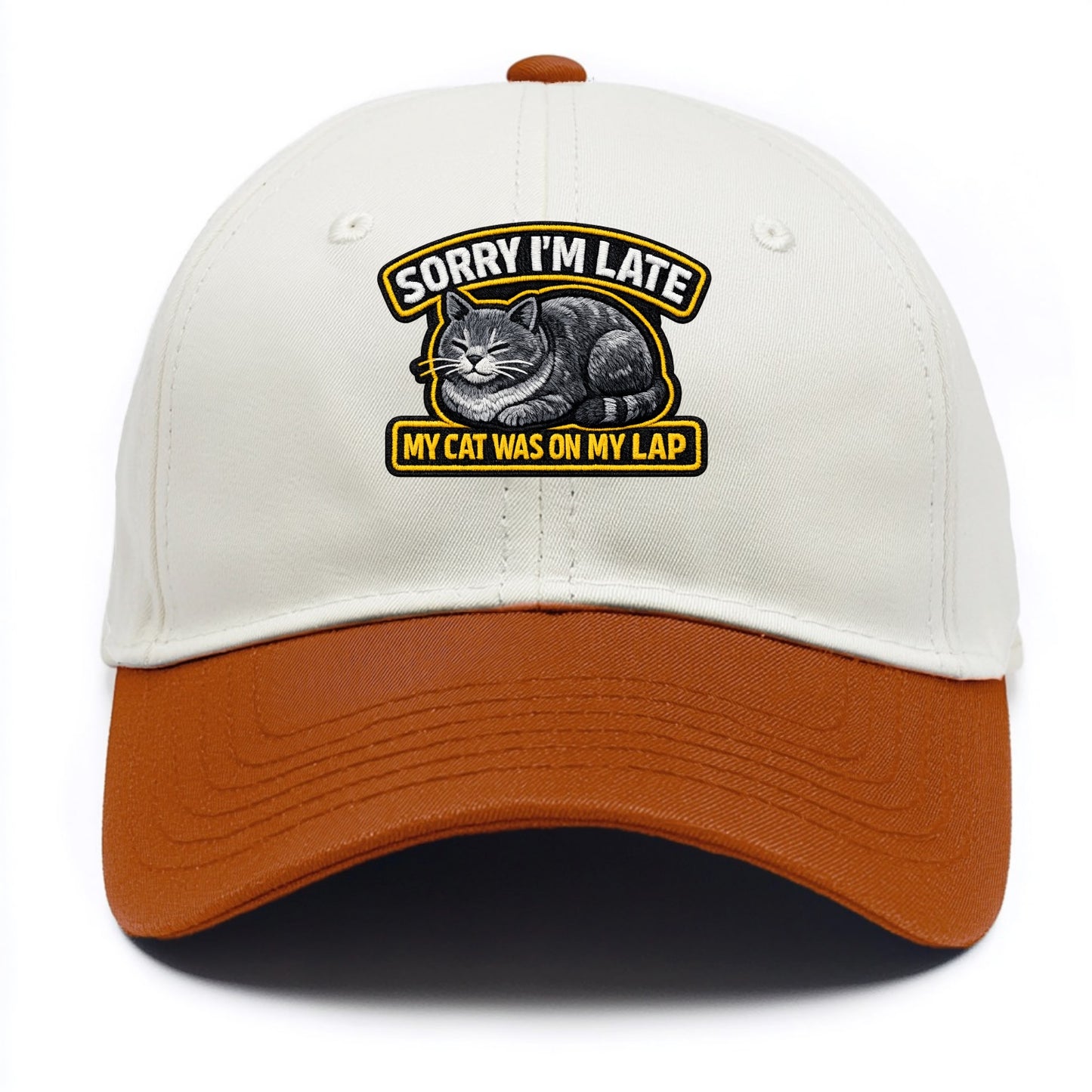 SORRY IM LATE MY CAT WAS ON MY LAP - cat loaf in gray , valid excuse - Two Tone Cap - Orange