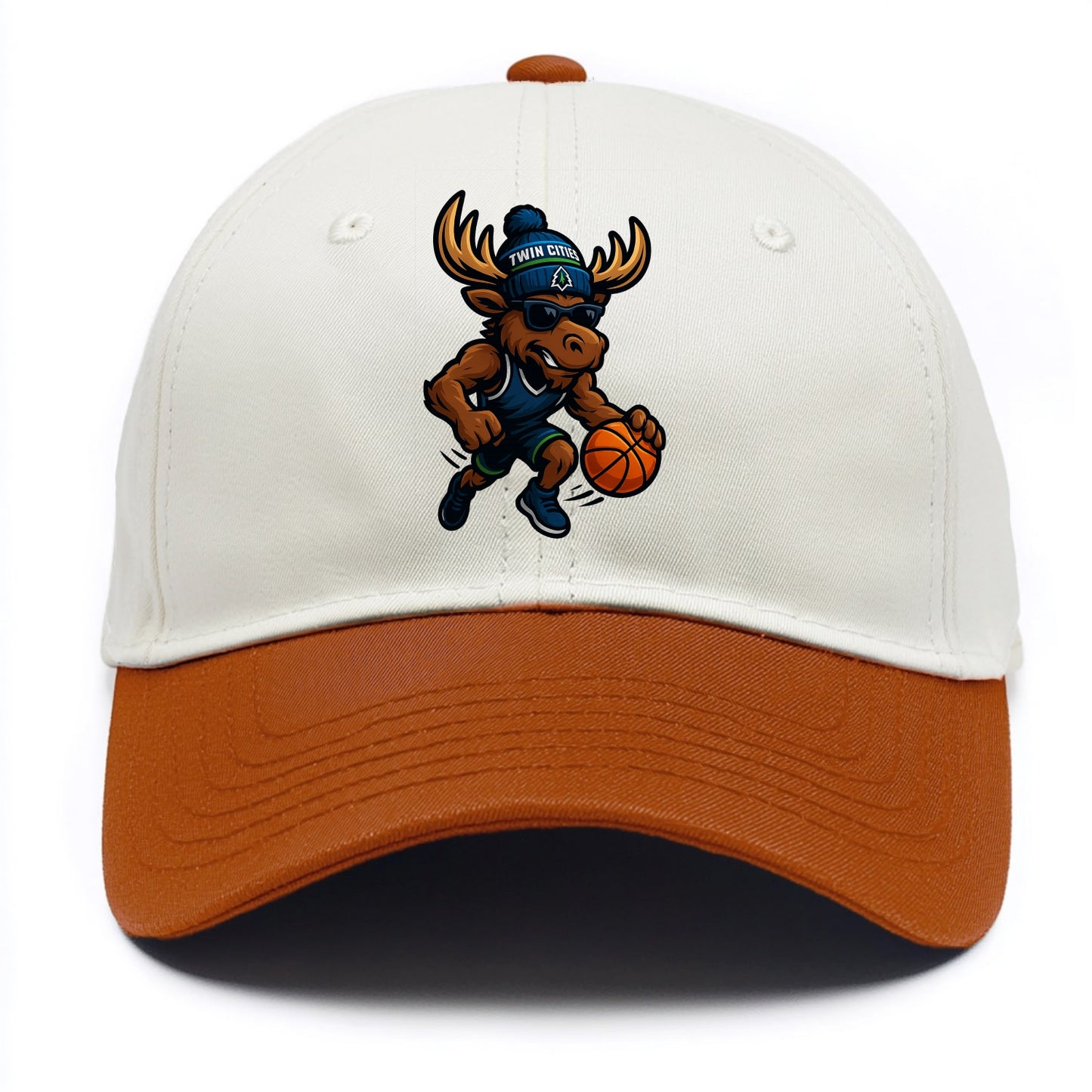 Twin Cities Moose wearing Timberwolves beanie with pine tree patch and wayfarer - Two Tone Cap - Orange