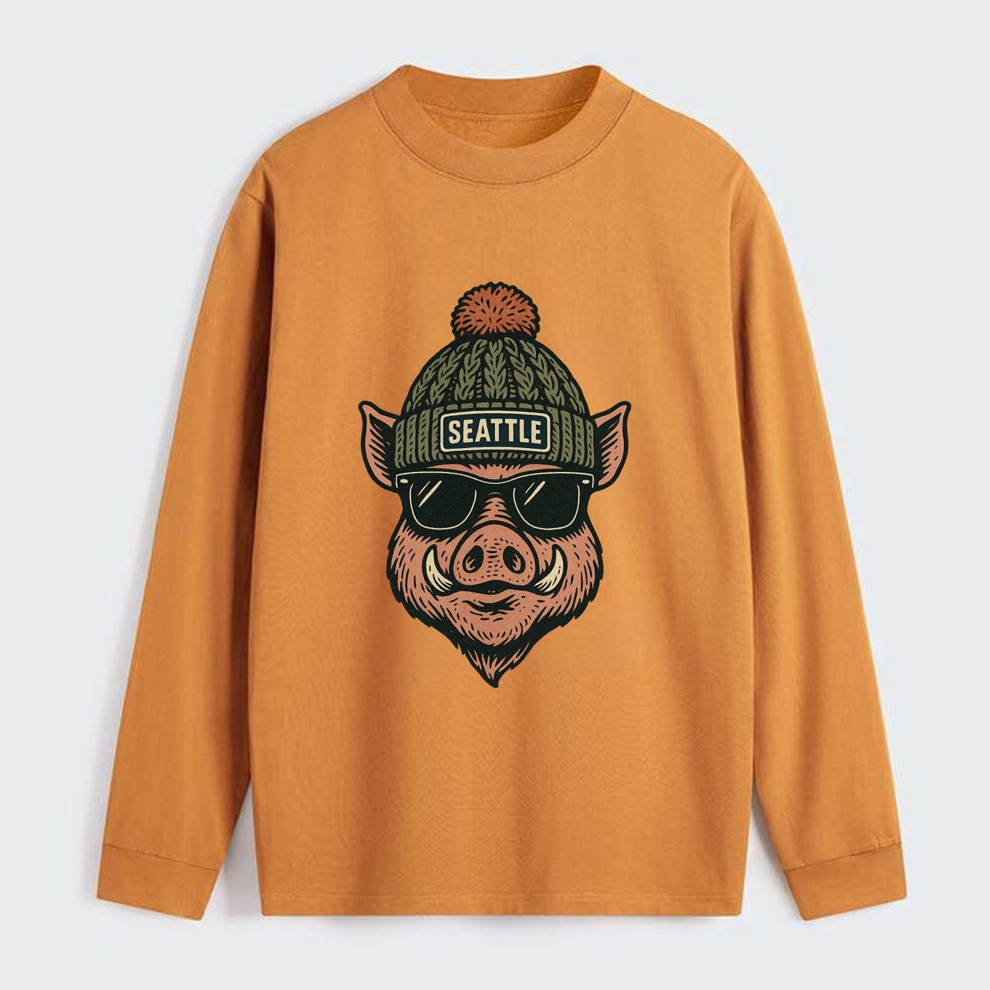 Washington Hog wearing Seattle beanie with pom pom and wayfarer - Classic Long Sleeve Shirt - Orange