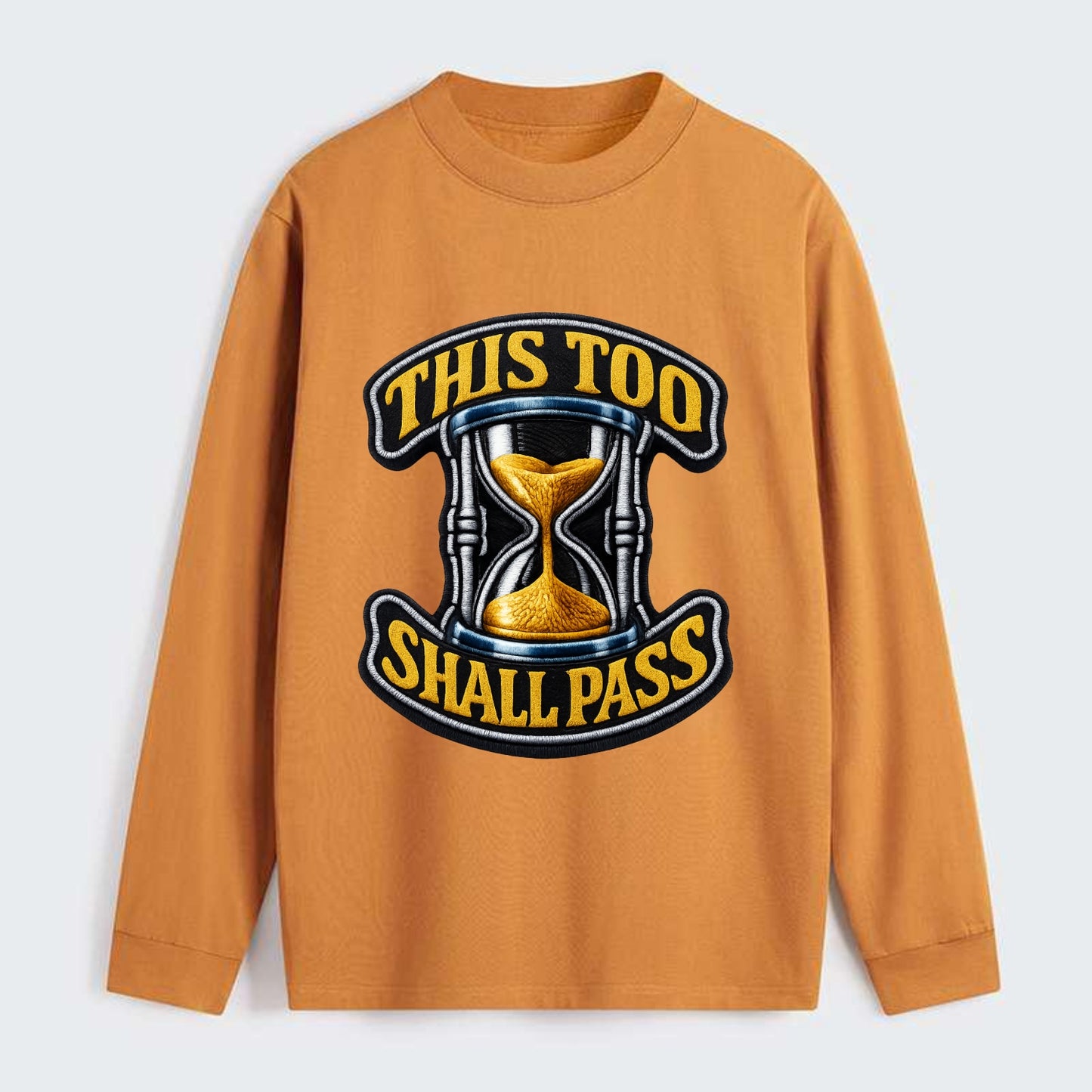 THIS TOO SHALL PASS - hourglass with text in gold , perspective - Classic Long Sleeve Shirt - Orange