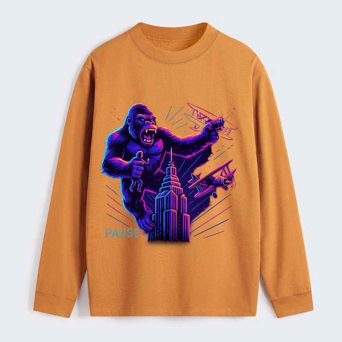 giant gorilla on top of skyscraper holding small figure, swatting planes - Classic Long Sleeve Shirt - Orange