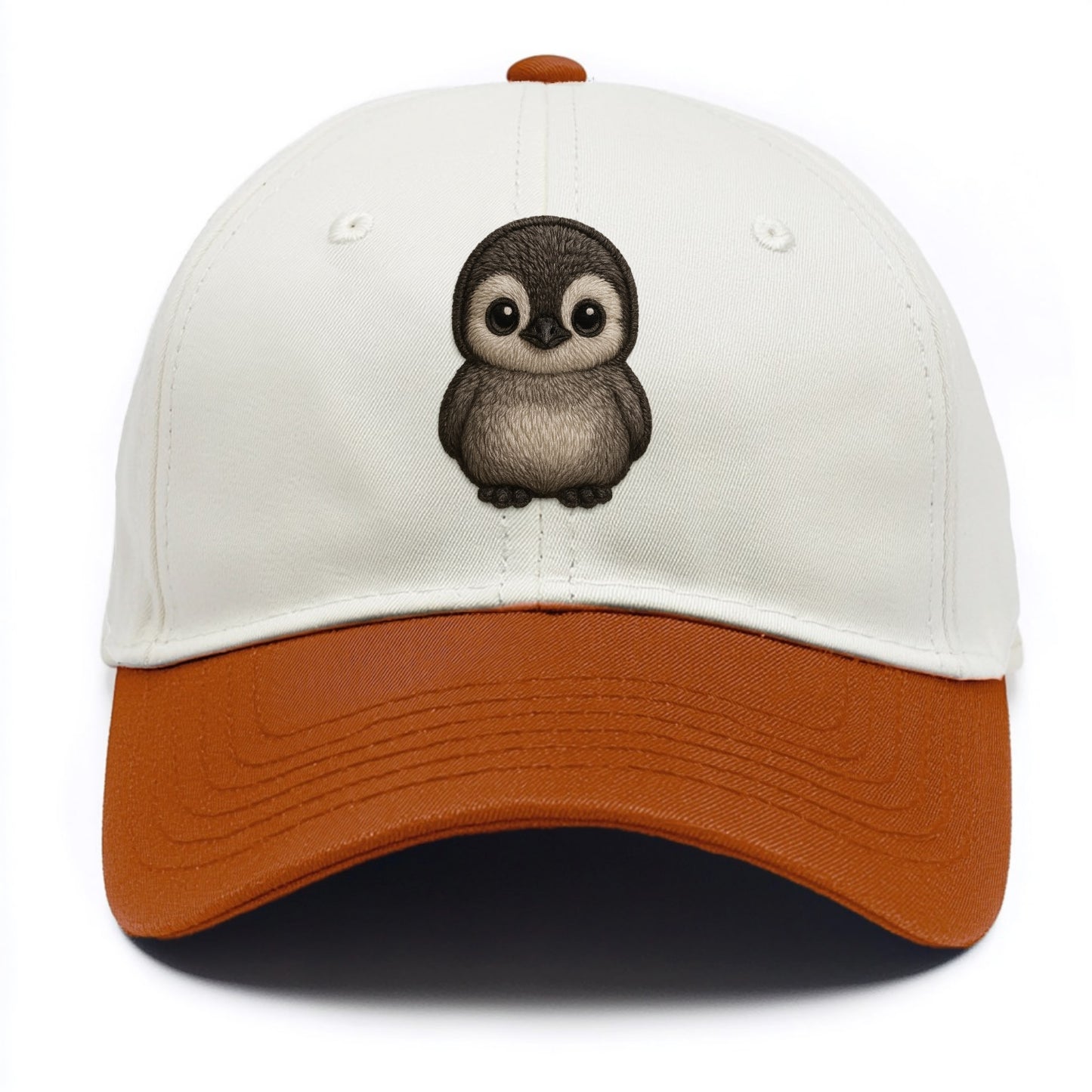 Baby Penguin Chick - gray fluffy, white face, round body, front-facing, tuxedo baby - Two Tone Cap - Orange