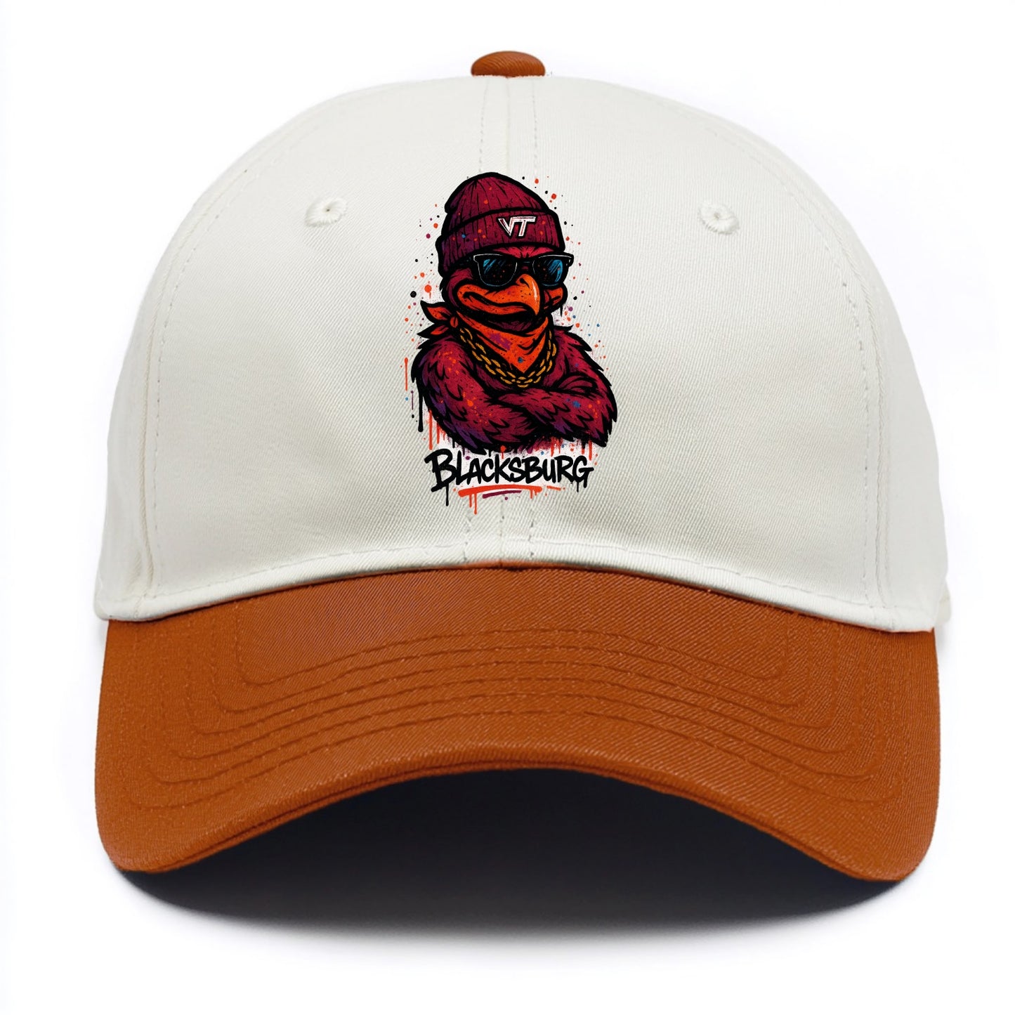 Blacksburg HokieBird wearing Virginia Tech beanie with VT patch - Two Tone Cap - Orange