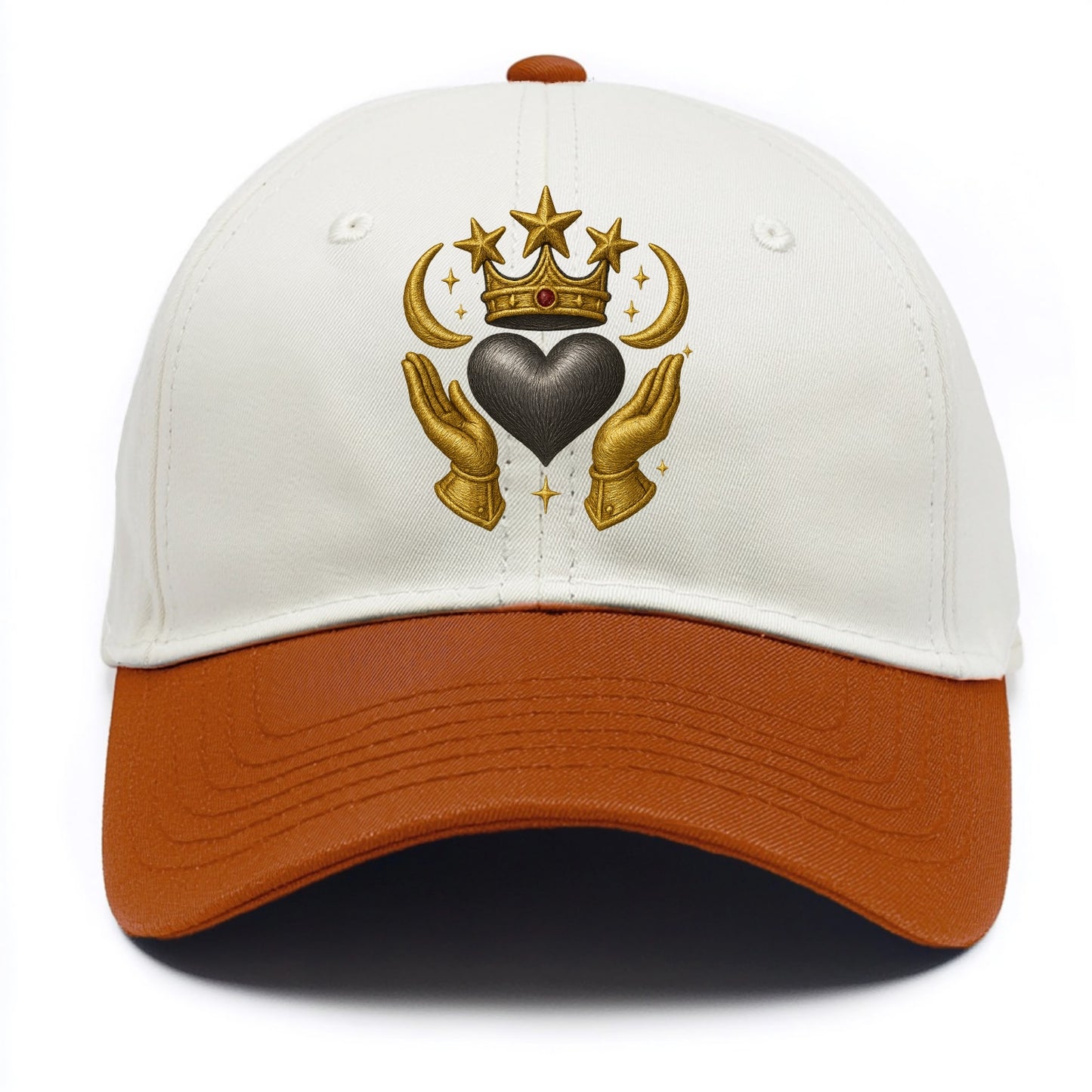 Sun goddess crown radiating golden rays over a midnight heart with henna-adorned - Two Tone Cap - Orange