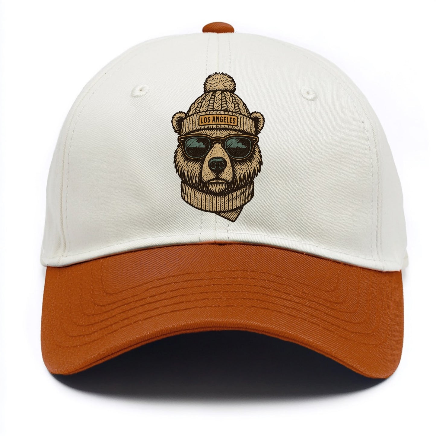 California Grizzly Bear wearing Los Angeles beanie with pom pom and wayfarer - Two Tone Cap - Orange