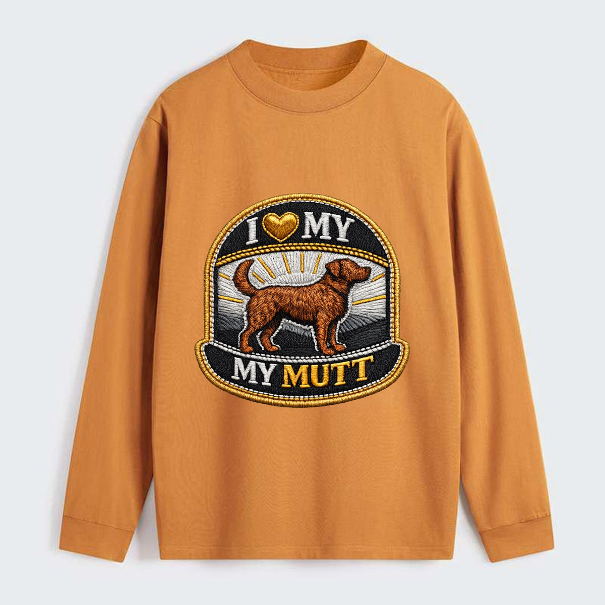 I LOVE MY MUTT - mixed breed silhouette in brown , rescue pride - Classic Long Sleeve Shirt - Orange