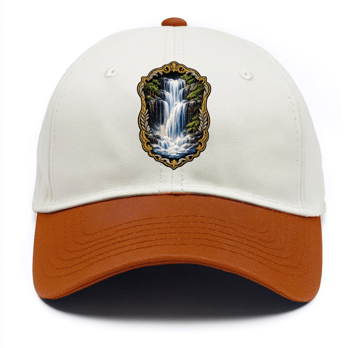 WATERFALL CASCADE - falling water with mist in blue and white , nature wonder - Two Tone Cap - Orange