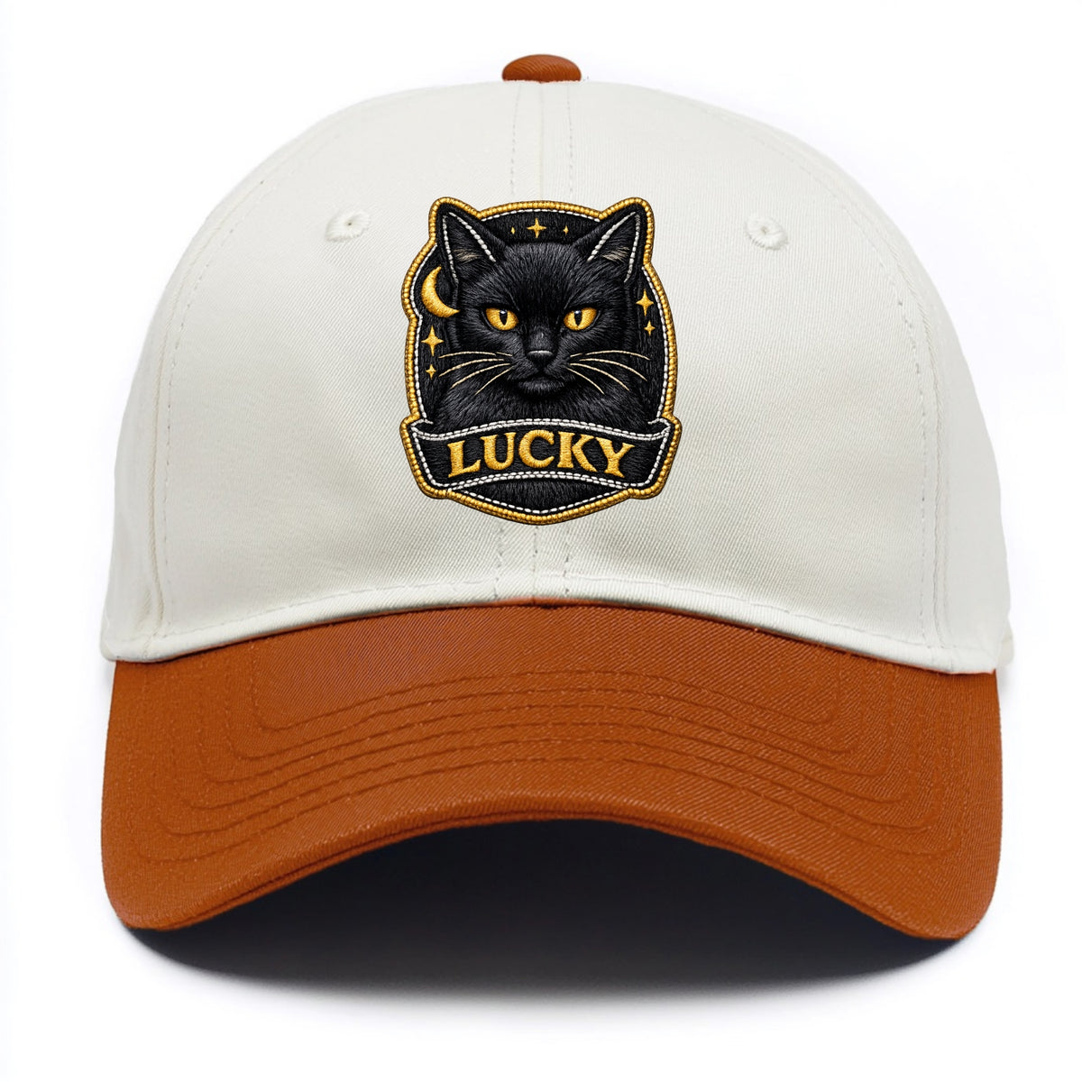 BLACK CAT LUCKY - sleek black cat with gold eyes in black , mysterious feline - Two Tone Cap - Orange