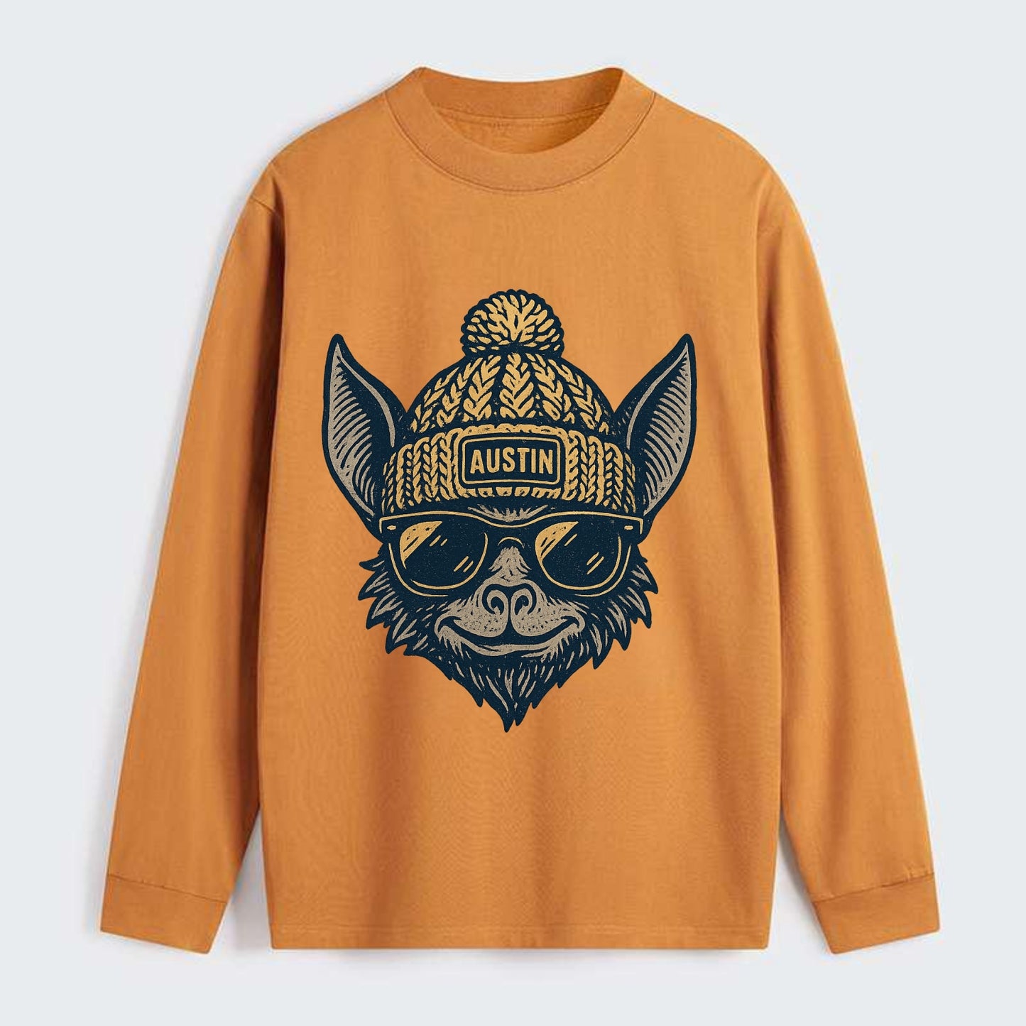 Austin Bat wearing Austin beanie with pom pom and wayfarer sunglasses - Classic Long Sleeve Shirt - Orange