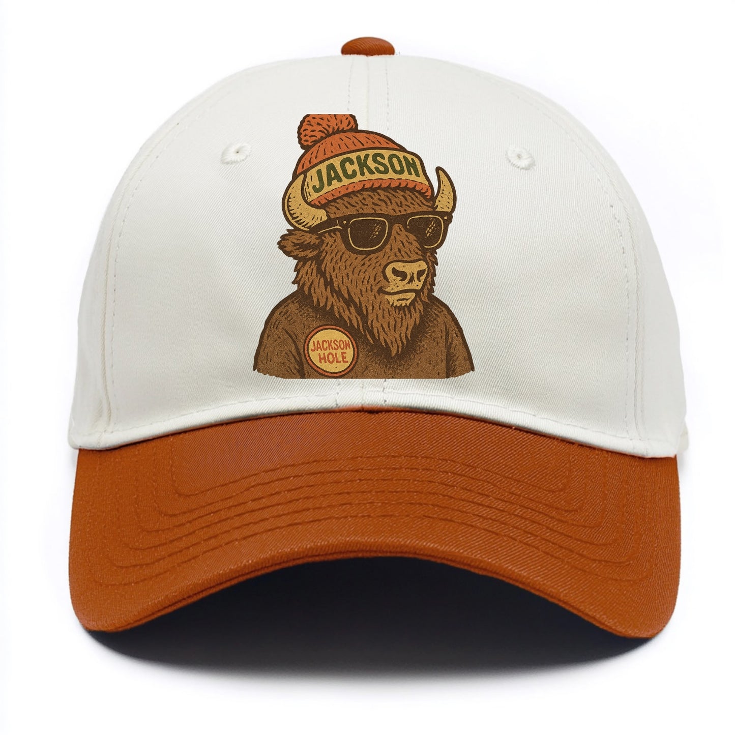 Jackson Hole Bison wearing Jackson beanie with pom pom and wayfarer sunglasses - Two Tone Cap - Orange