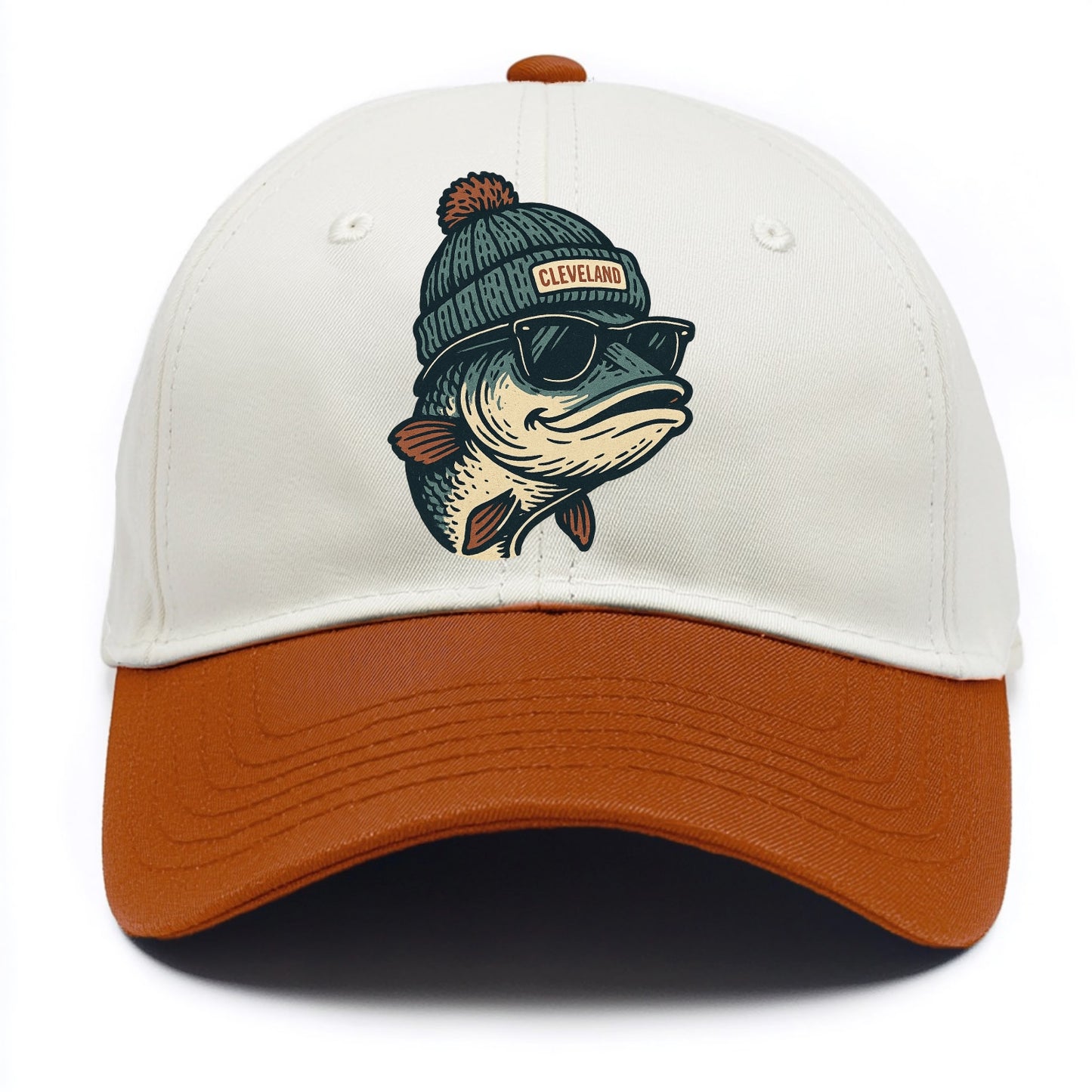 Cleveland Lake Erie Walleye wearing Cleveland beanie with pom pom and wayfarer - Two Tone Cap - Orange
