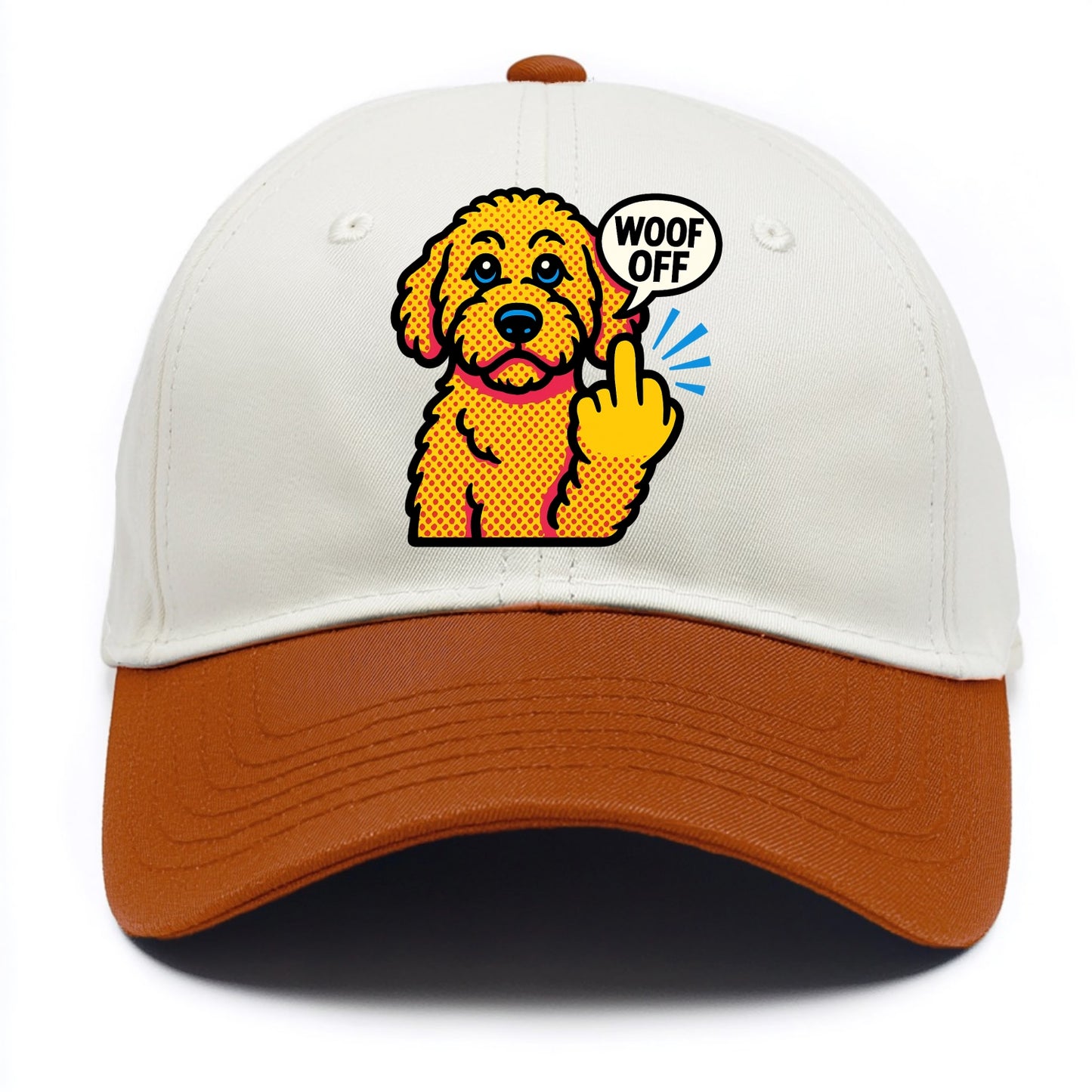 Goldendoodle with teddy bear face and curly golden coat, friendly paw flipping off - Two Tone Cap - Orange
