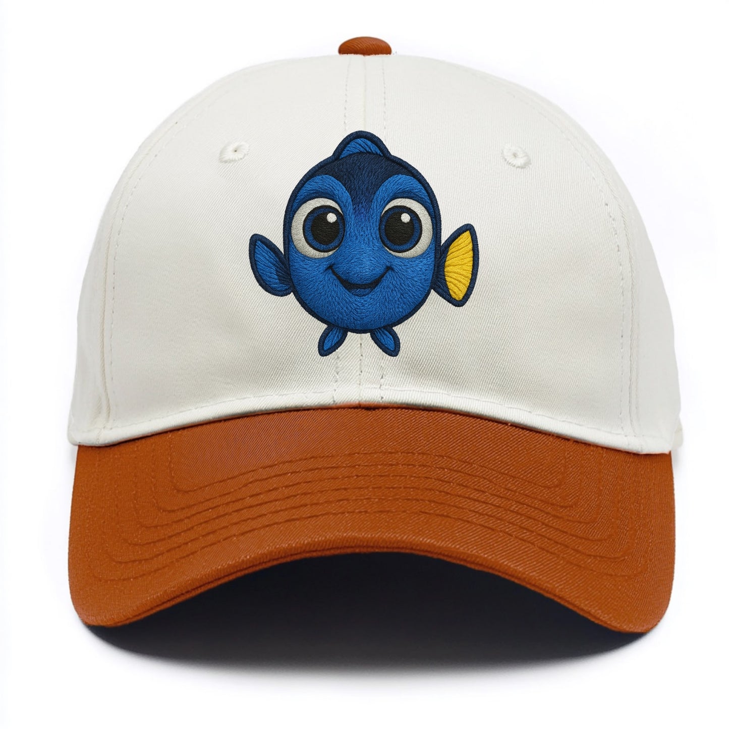 Baby Blue Tang - bright blue with yellow tail, big eyes, front-facing, Dory-style - Two Tone Cap - Orange