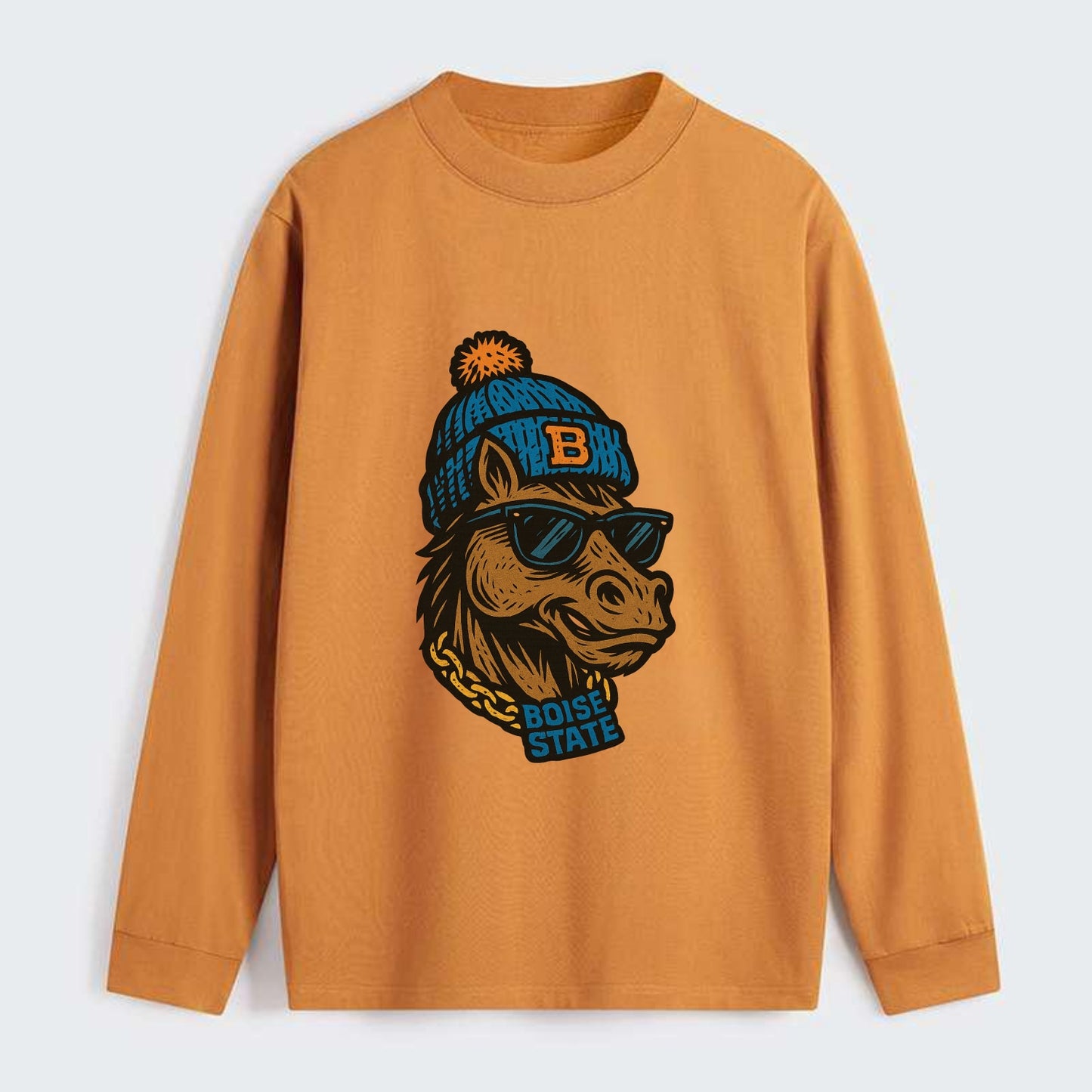 Boise Bronco wearing Boise State beanie with B patch - Classic Long Sleeve Shirt - Orange