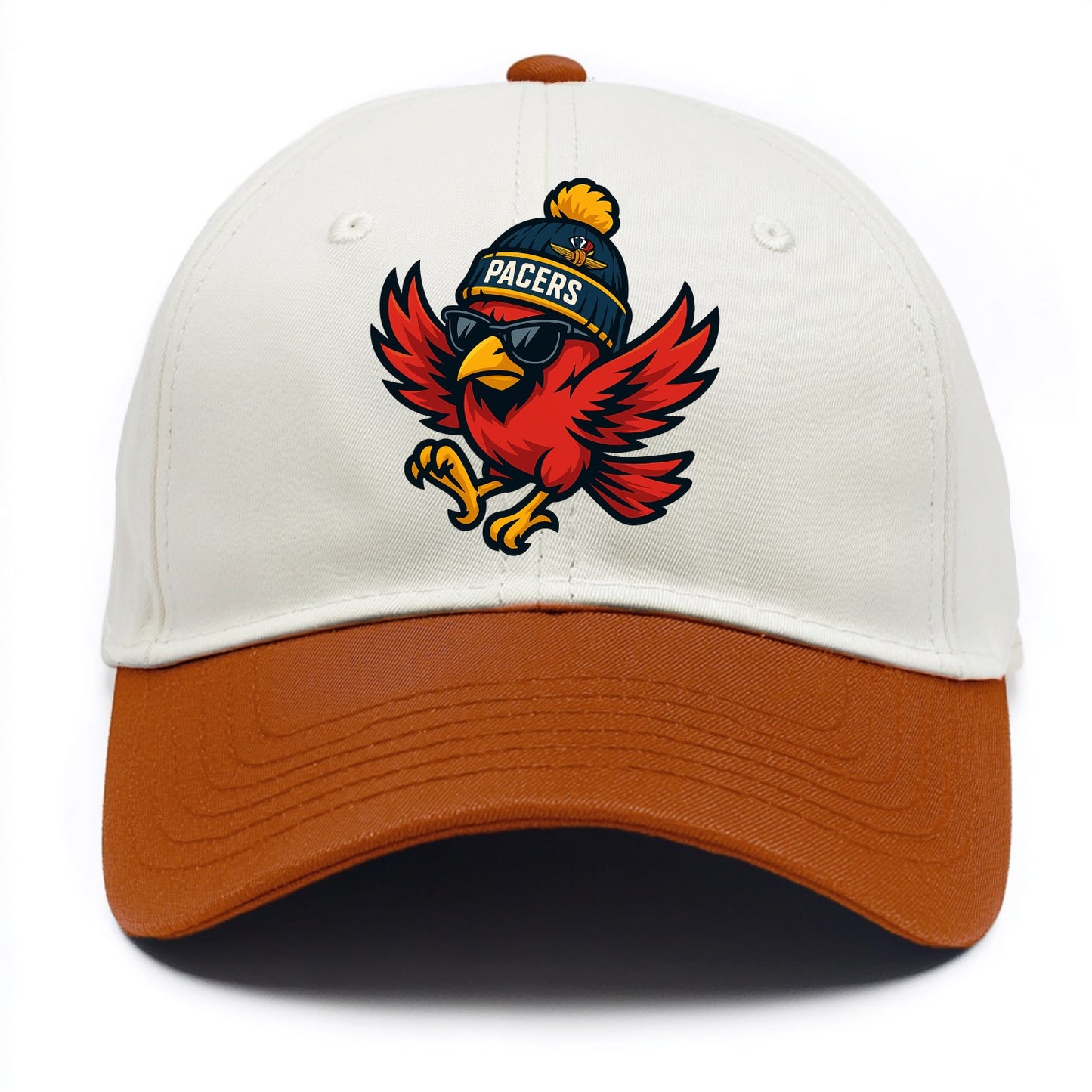 Indiana Cardinal wearing Pacers beanie with speedway patch and wayfarer sunglasses - Two Tone Cap - Orange