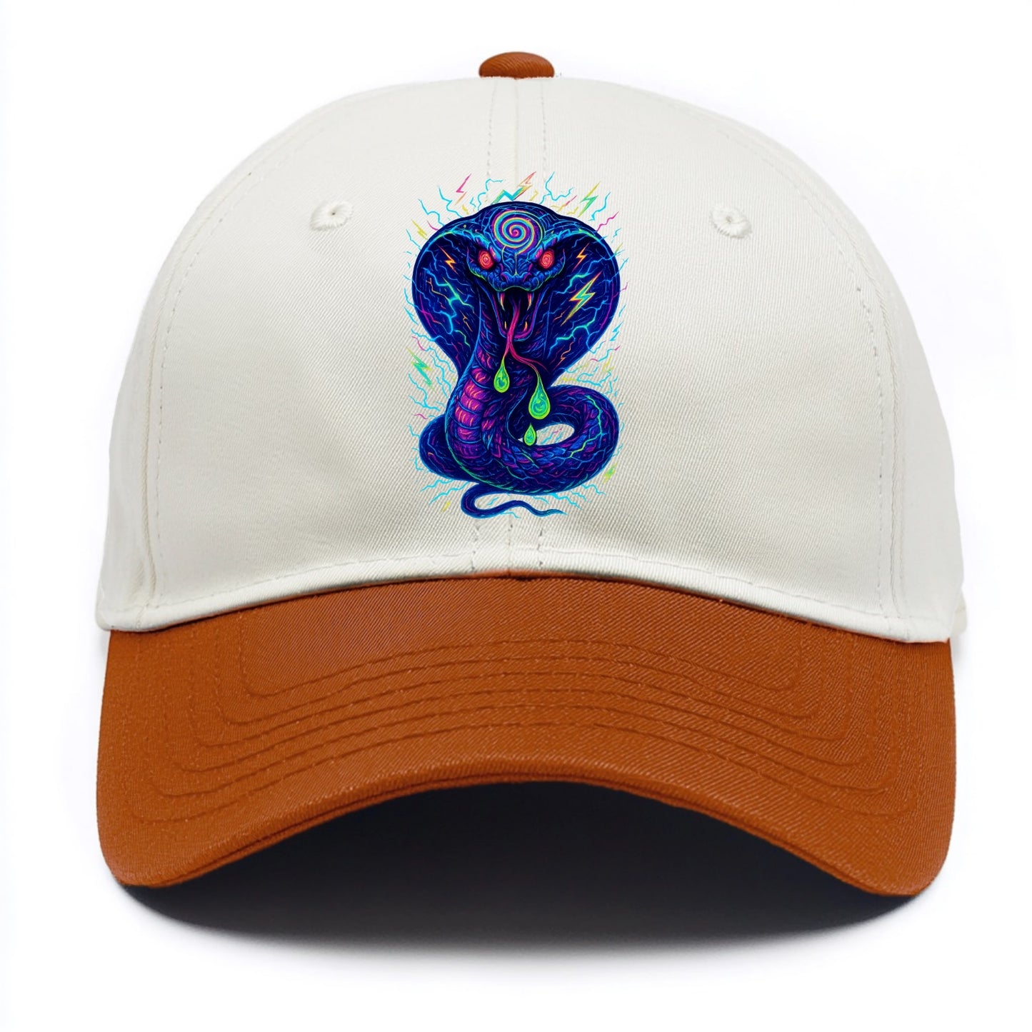 Mesmerizing cobra with hypnotic spiral patterns in the hood, scales that shimmer - Two Tone Cap - Orange
