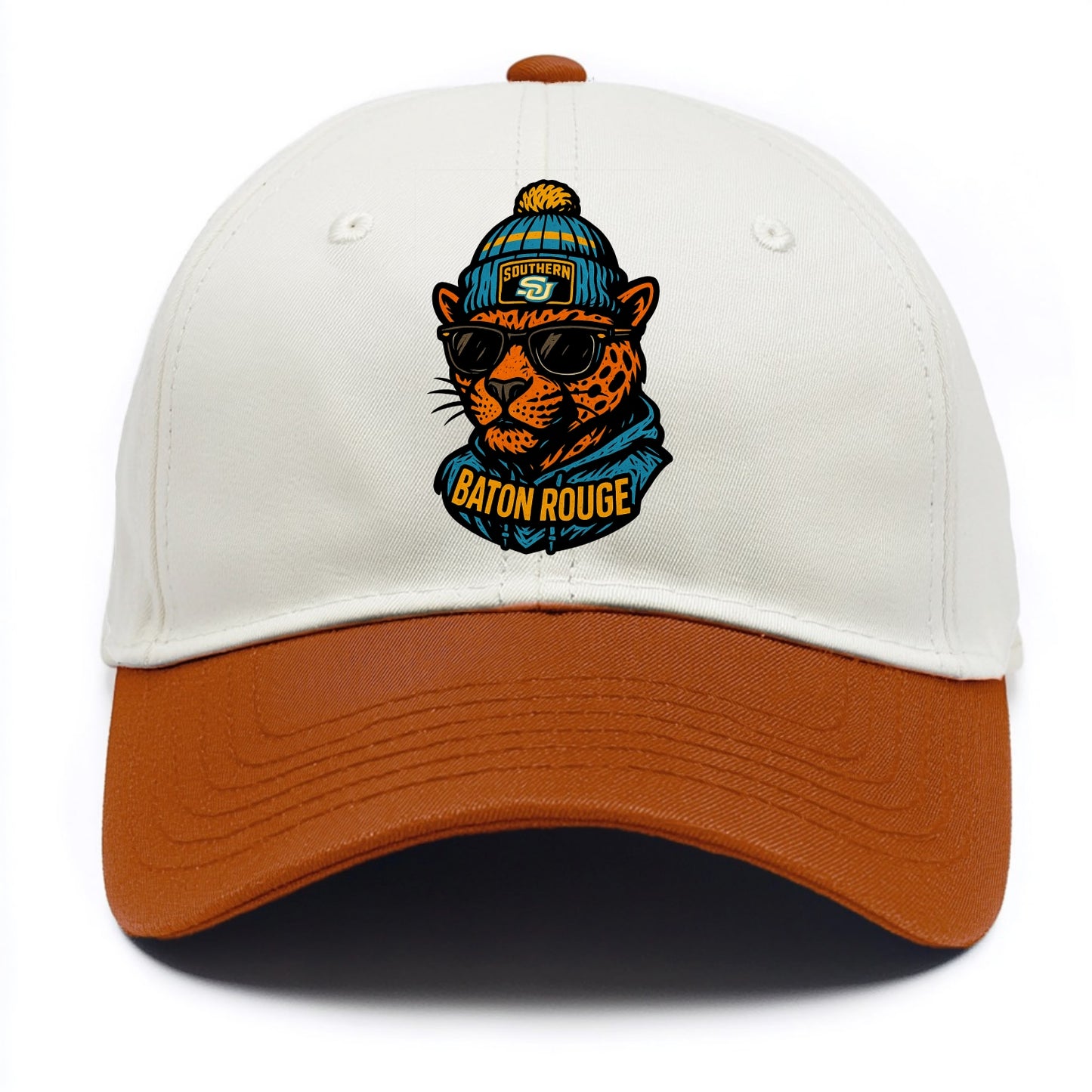 Baton Rouge Jaguar wearing Southern beanie with SU patch - Two Tone Cap - Orange