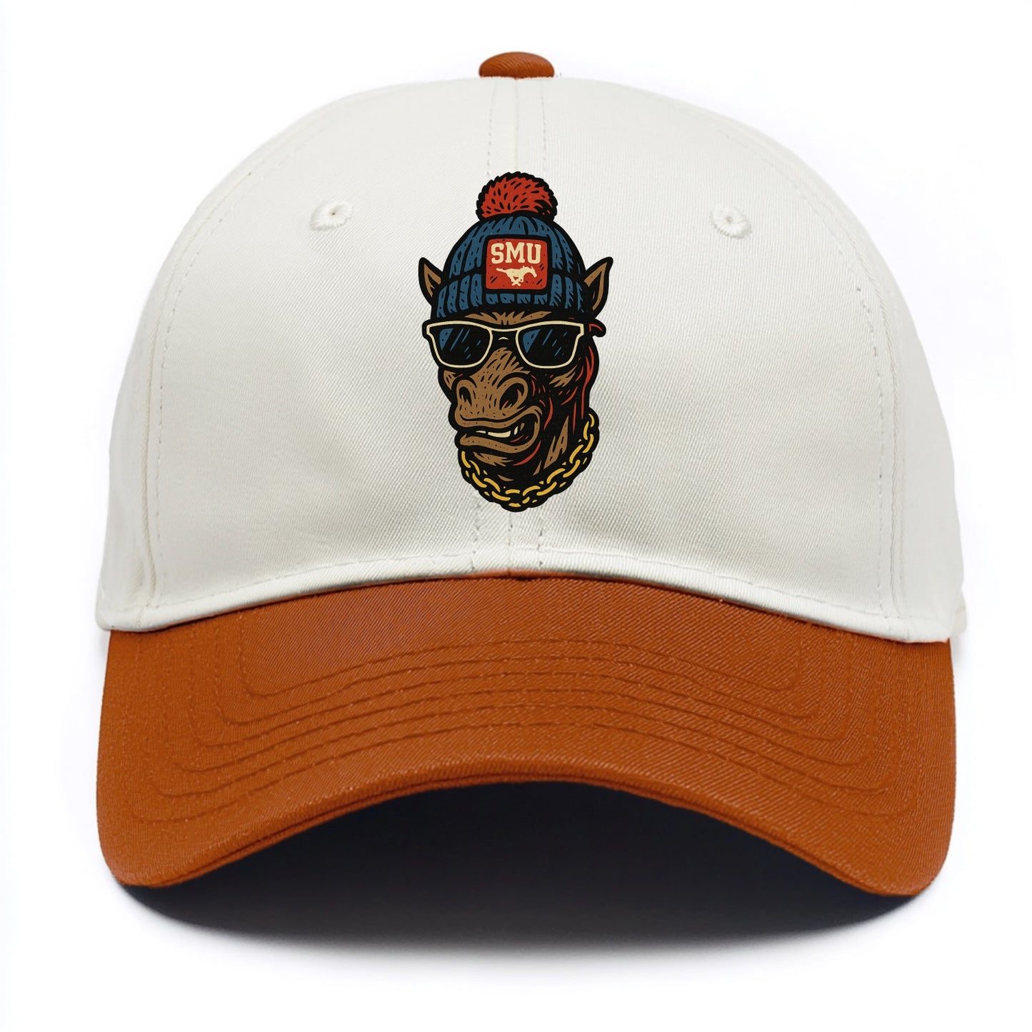 Dallas Mustang wearing SMU beanie with pony patch - Two Tone Cap - Orange
