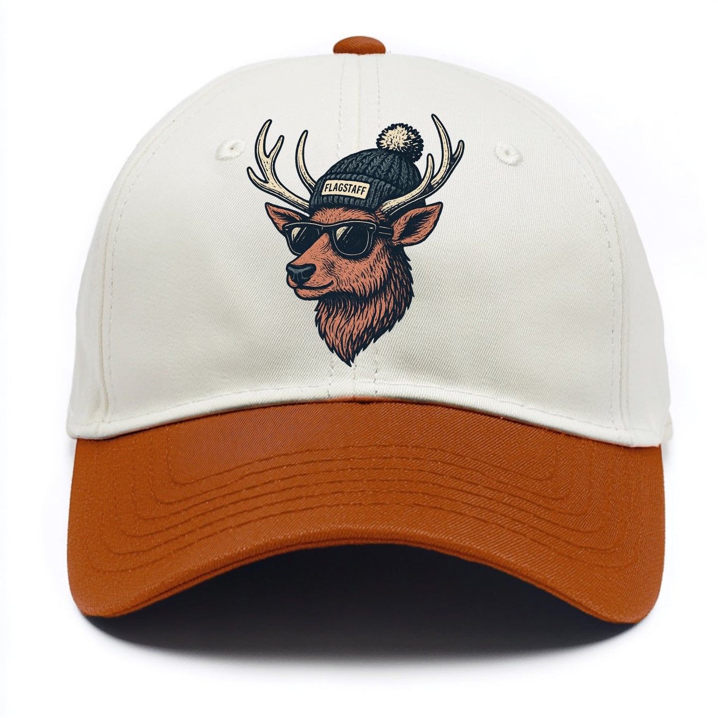 Flagstaff Elk wearing Flagstaff beanie with pom pom and wayfarer sunglasses - Two Tone Cap - Orange