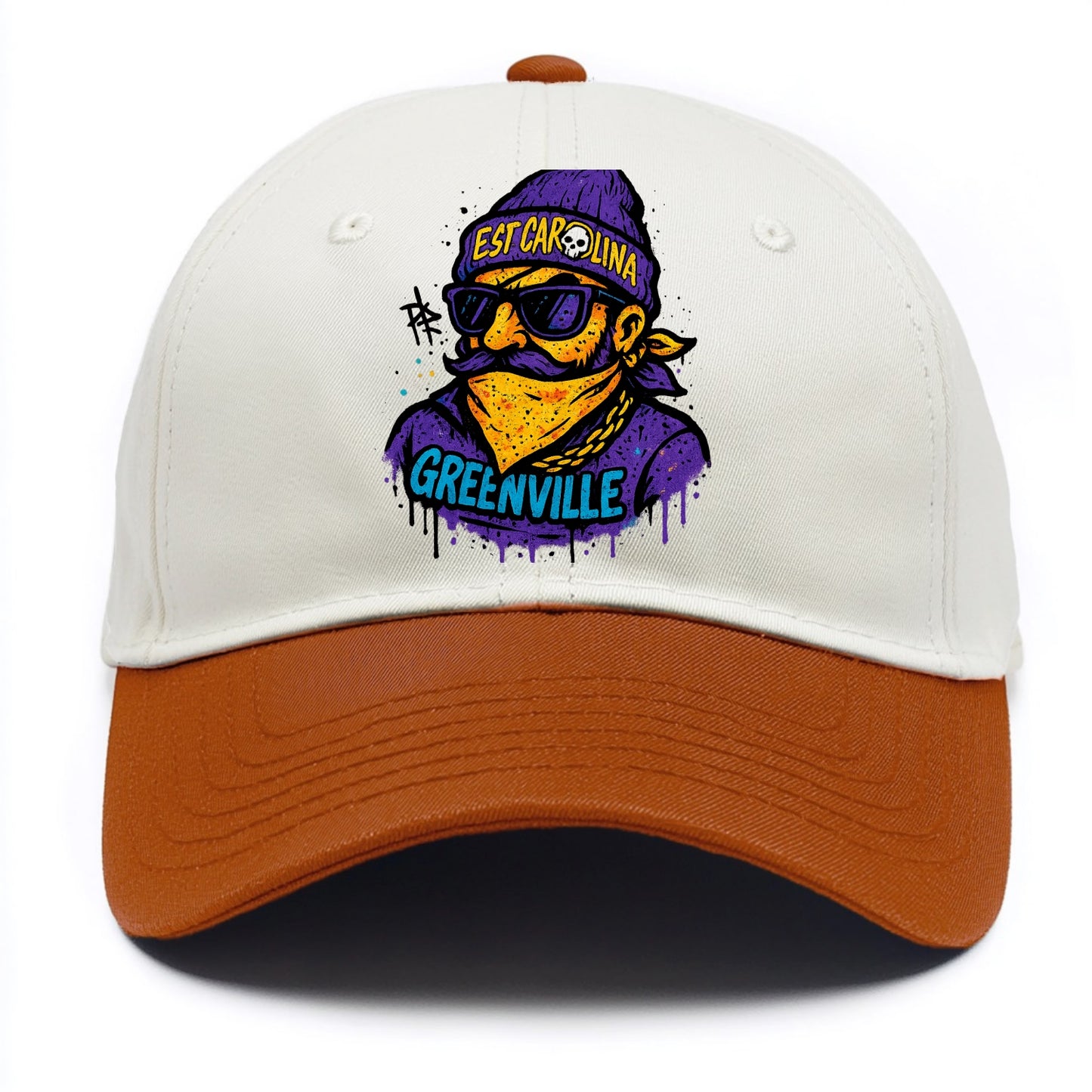 Greenville Pirate wearing East Carolina beanie with skull patch - Two Tone Cap - Orange