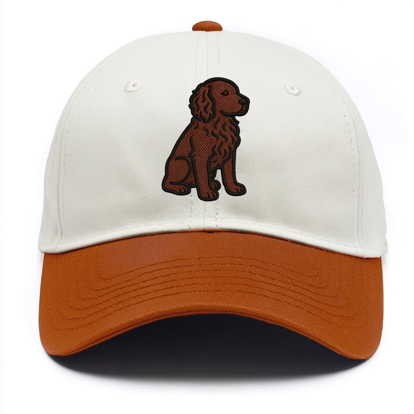 Boykin Spaniel - Rich chocolate brown wavy coat embroidered sitting pose - Two Tone Cap - Orange