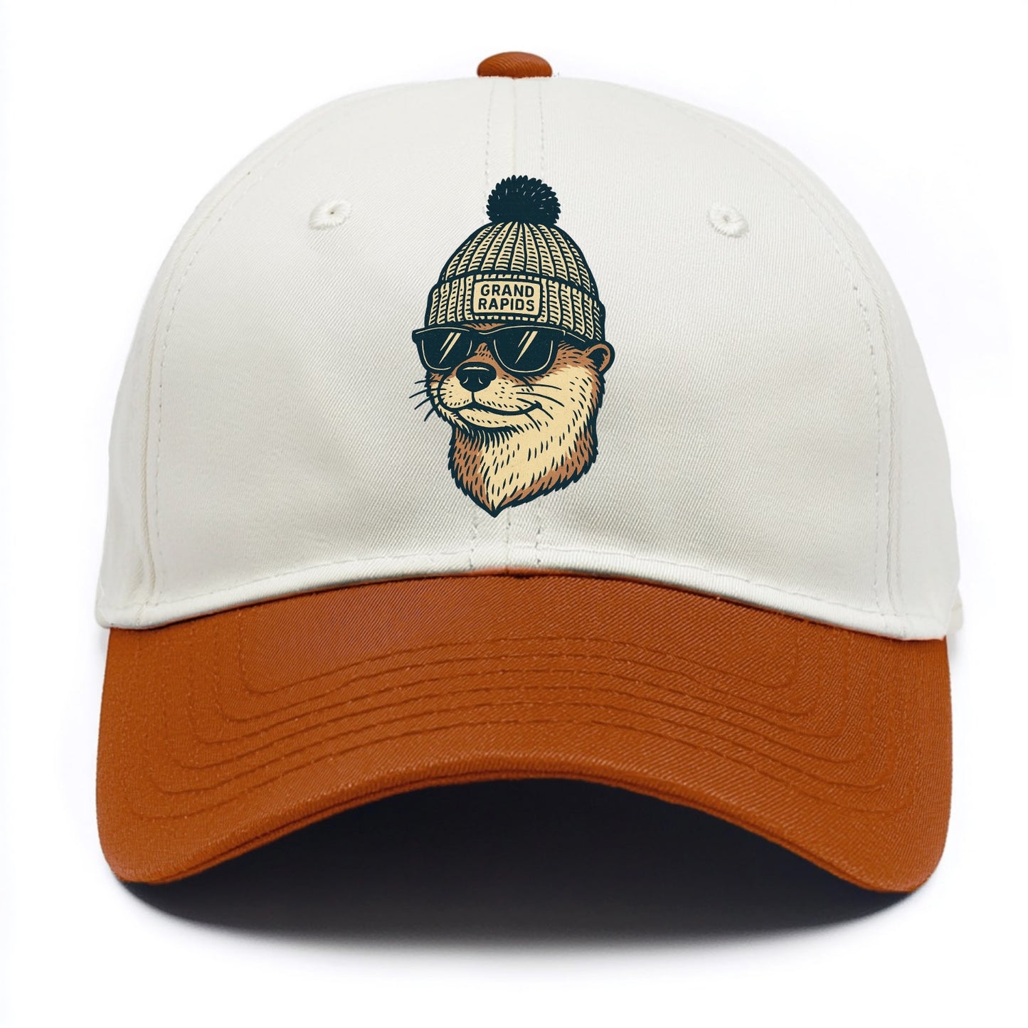 Grand Rapids River Otter wearing Grand Rapids beanie with pom pom and wayfarer - Two Tone Cap - Orange