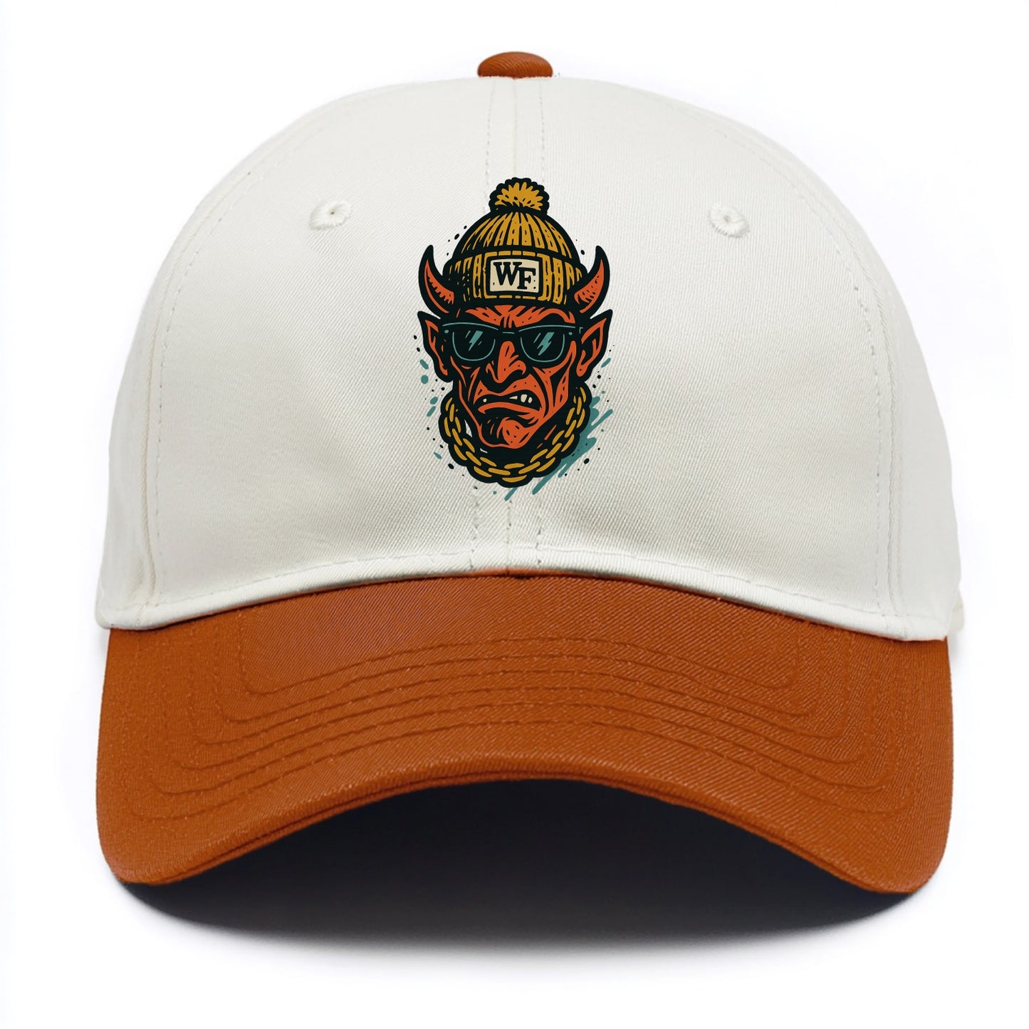 Winston-Salem Demon wearing Wake Forest beanie with WF patch - Two Tone Cap - Orange