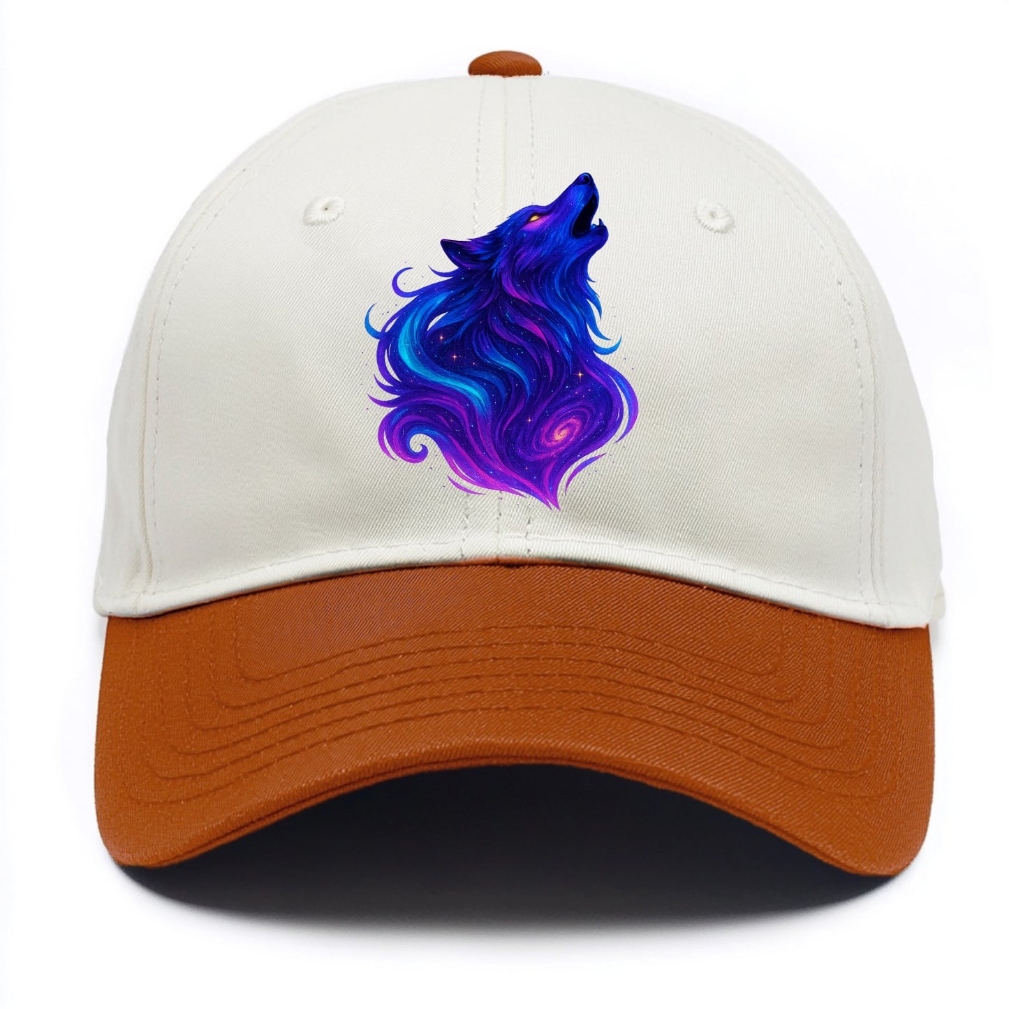 Noble wolf with flowing fur that transforms into aurora borealis streams, cyan and - Two Tone Cap - Orange