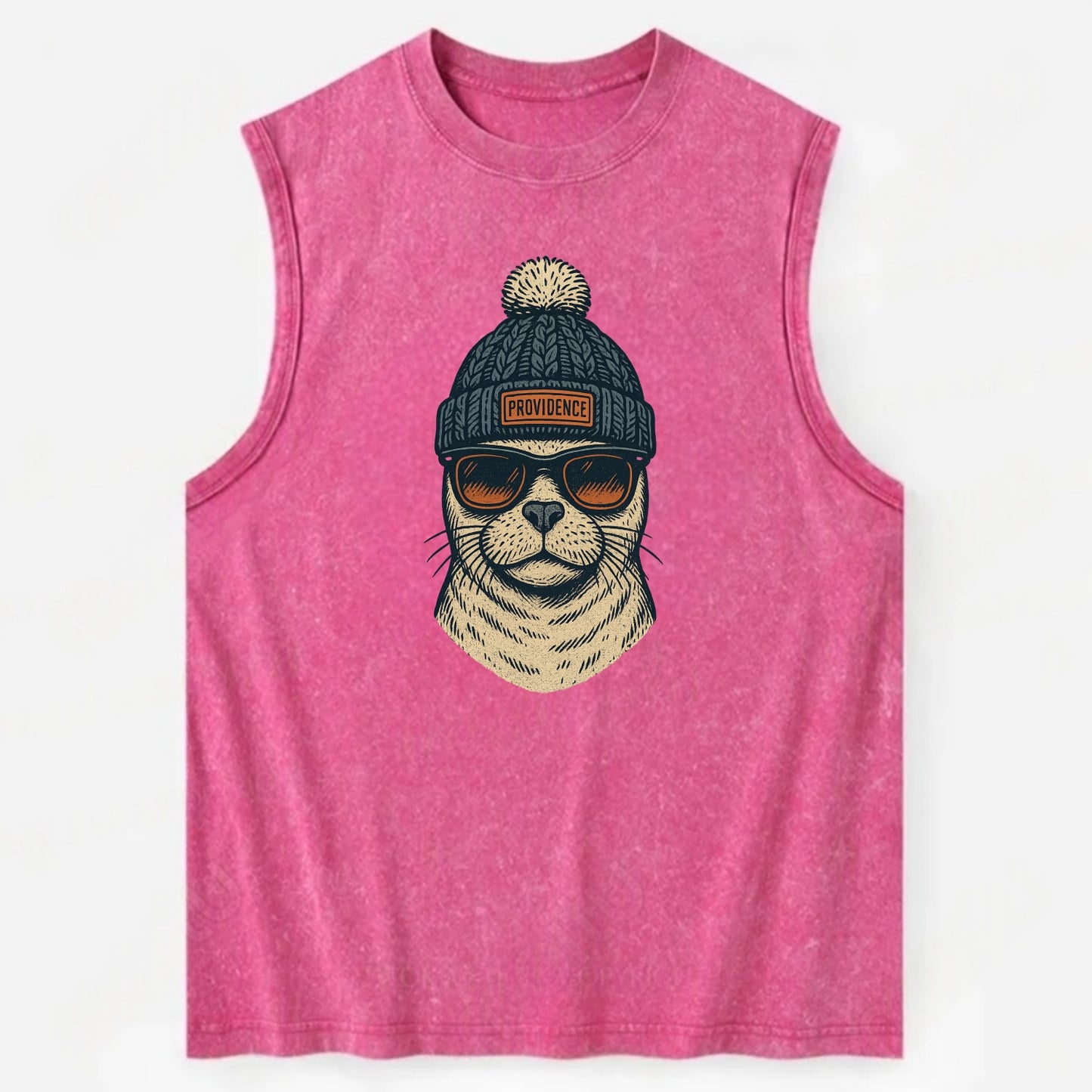 Rhode Island Harbor Seal wearing Providence beanie with pom pom and wayfarer - Vintage Washed Tank - Pink