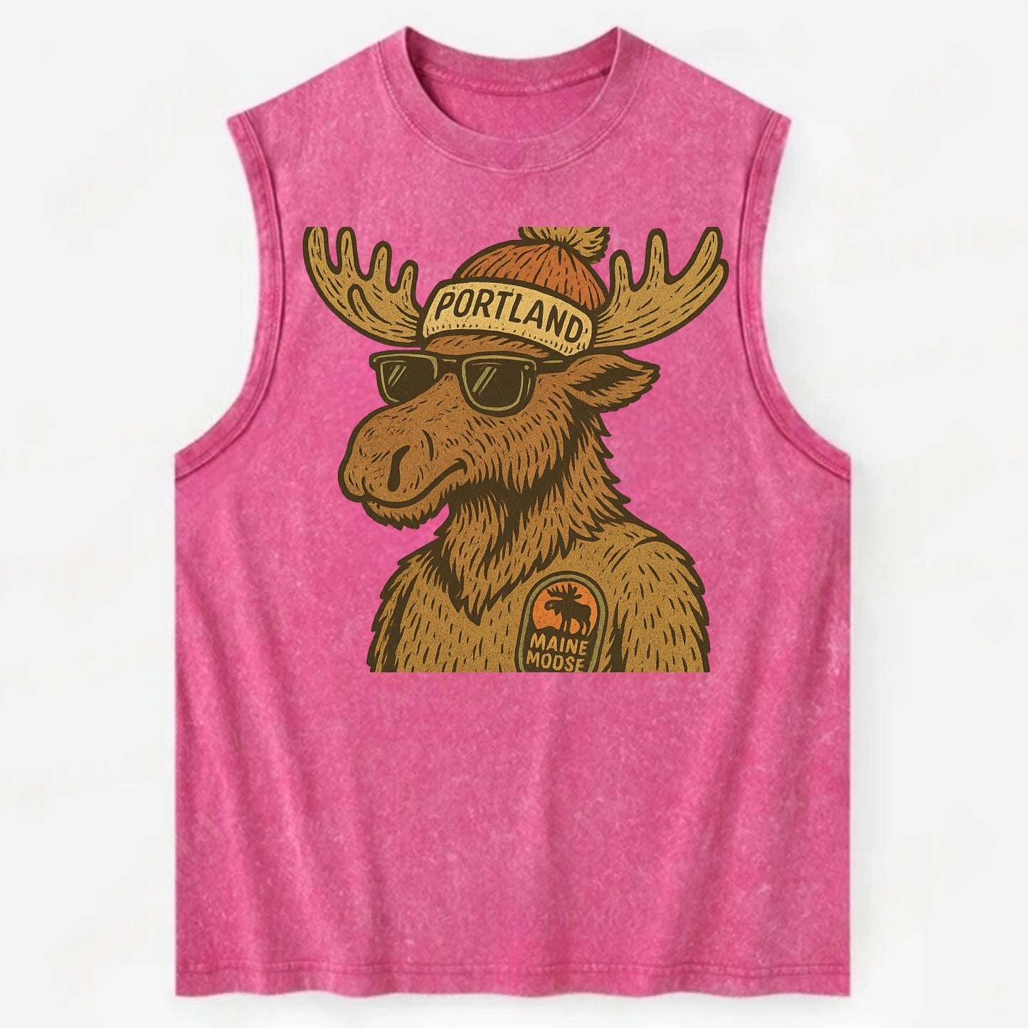 Maine Moose wearing Portland beanie with pom pom and wayfarer sunglasses - Vintage Washed Tank - Pink