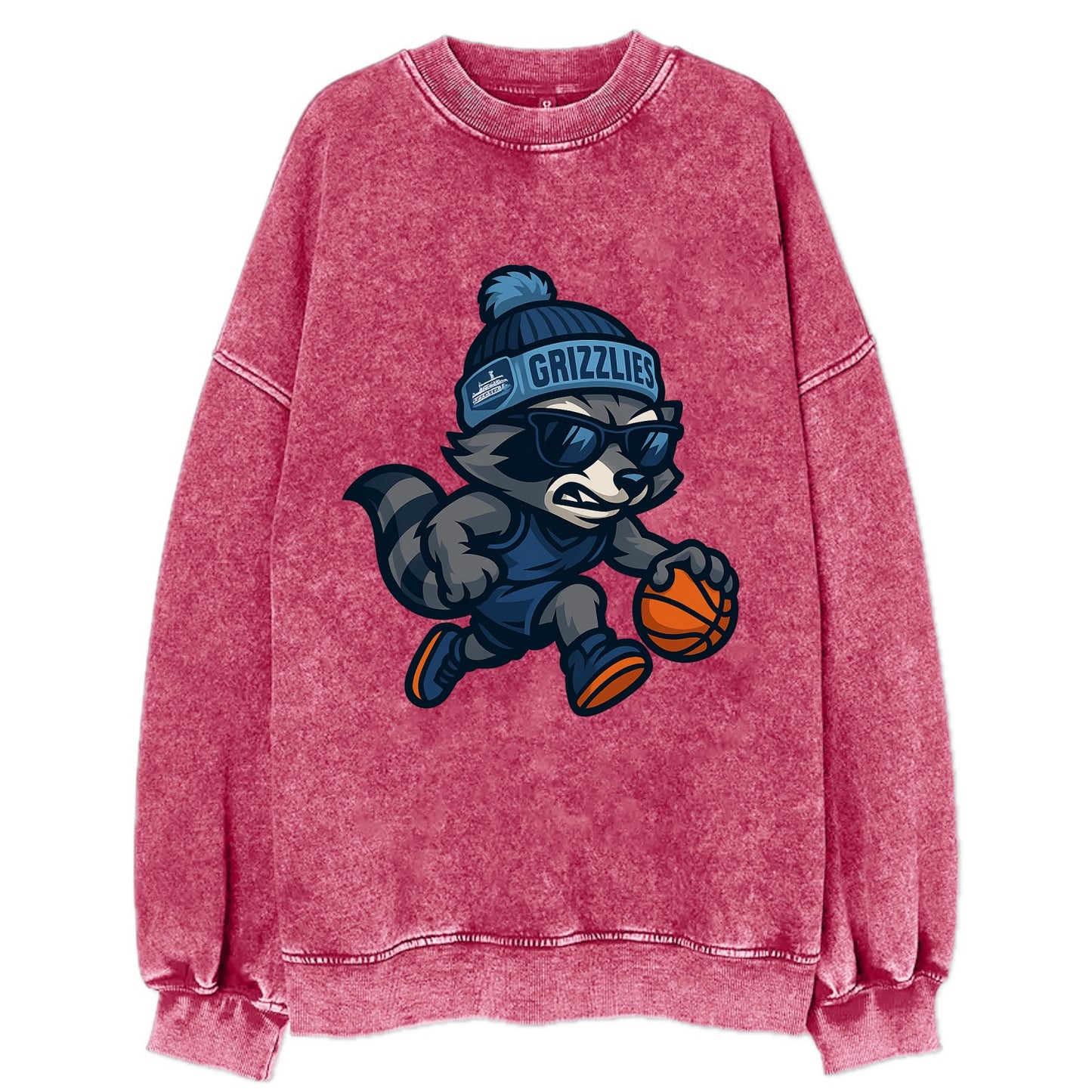 Memphis Raccoon wearing Grizzlies beanie with riverboat patch and wayfarer - Vintage Sweatshirt - Pink