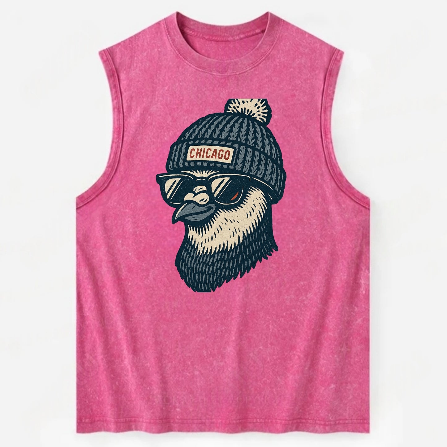 Chicago Pigeon wearing Chicago beanie with pom pom and wayfarer sunglasses - Vintage Washed Tank - Pink