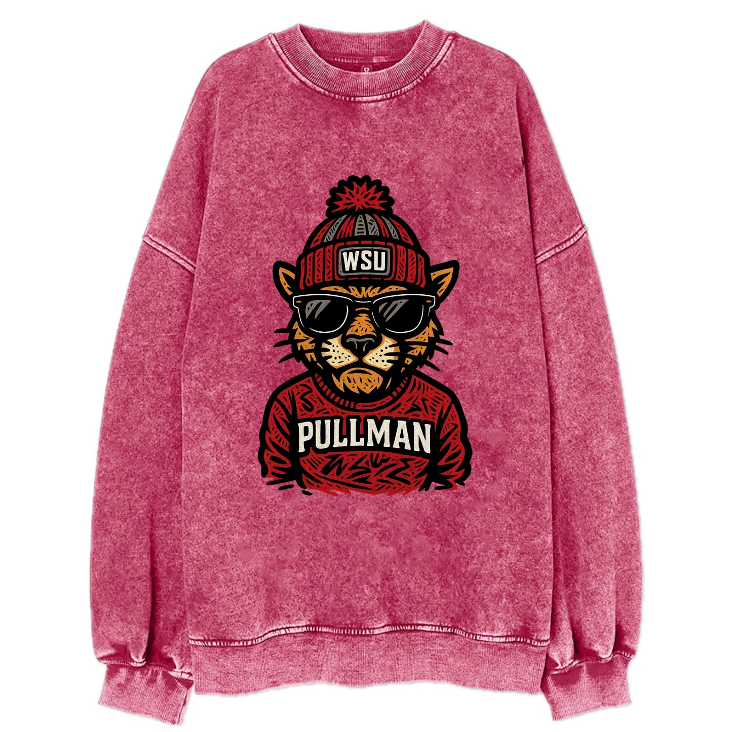 Pullman Cougar wearing Washington State beanie with WSU patch - Vintage Sweatshirt - Pink