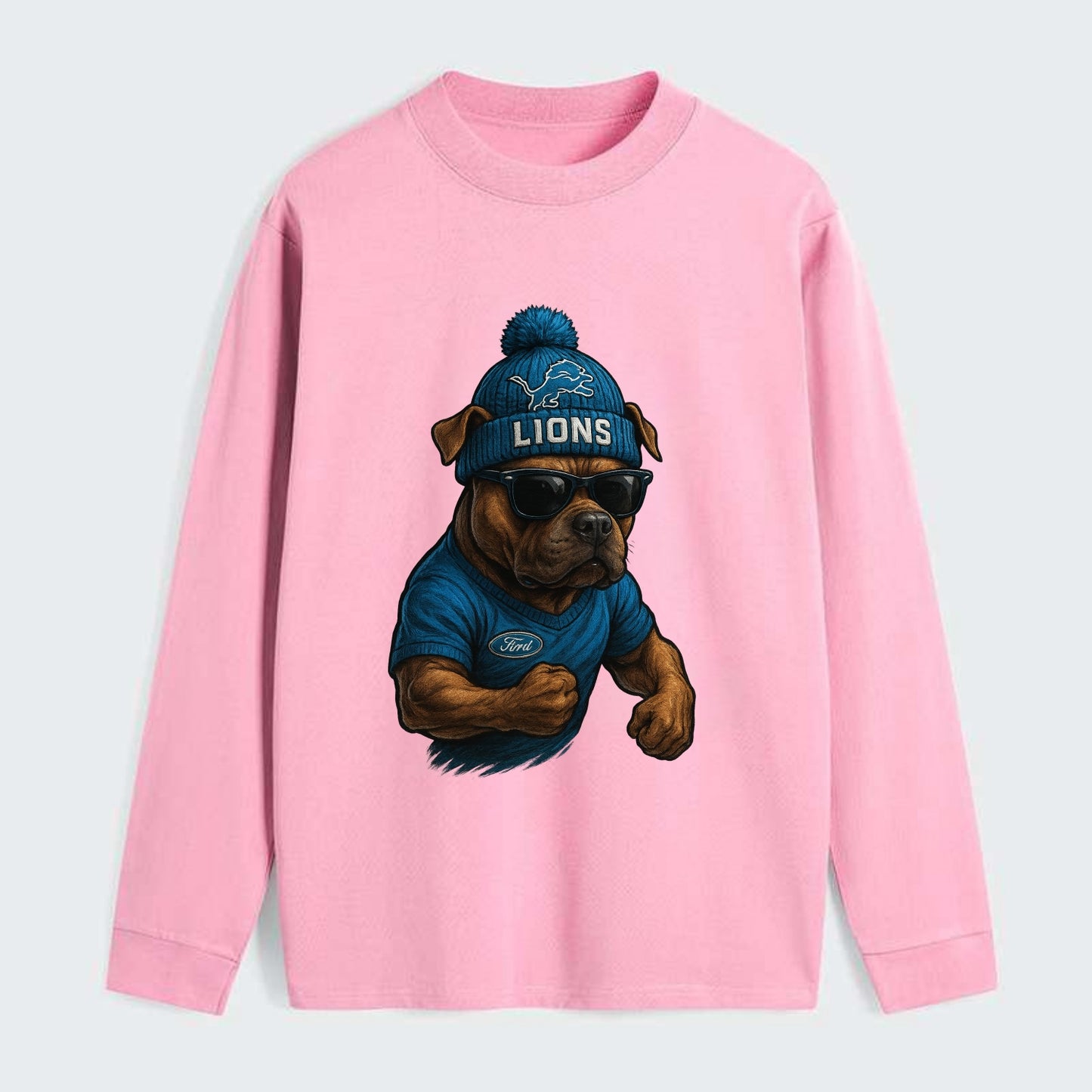 Detroit Pitbull wearing Lions beanie with auto patch and wayfarer - Classic Long Sleeve Shirt - Pink