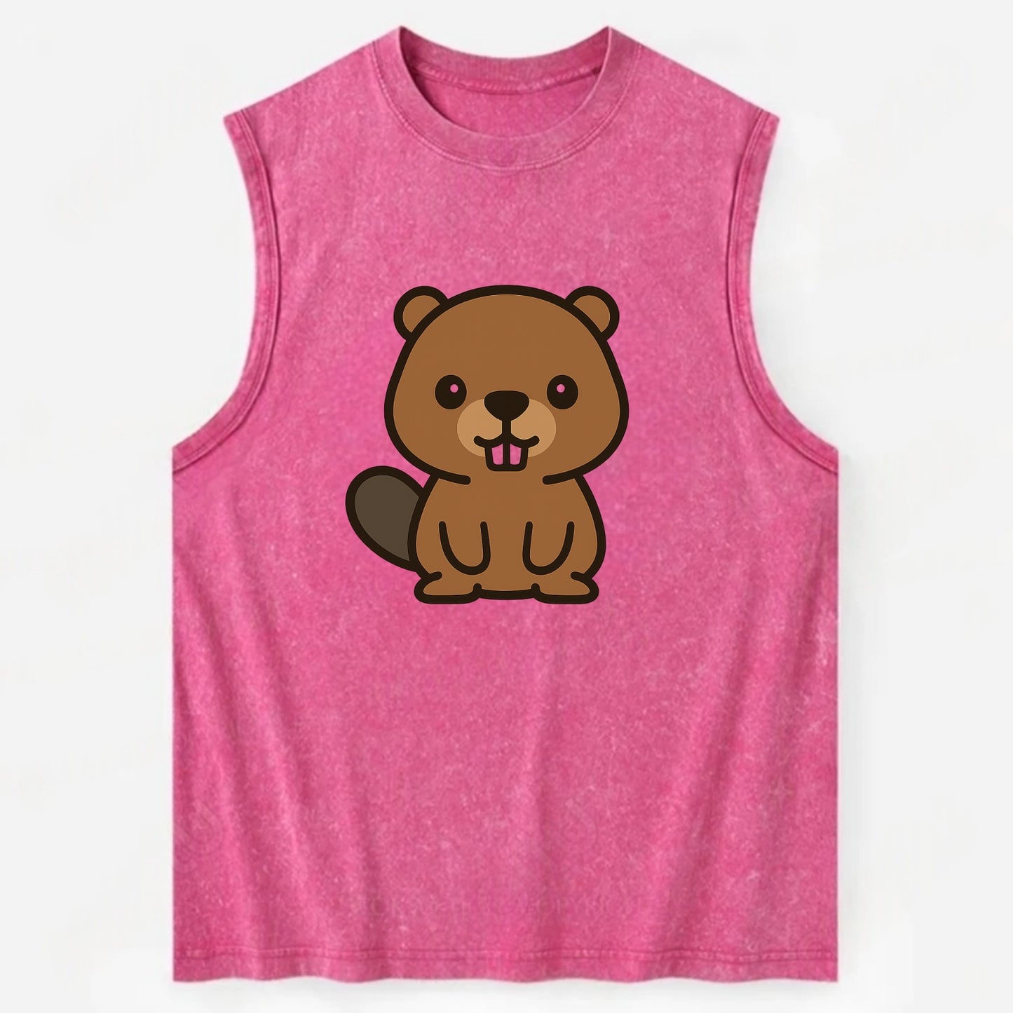 Baby Beaver - brown fur, paddle tail, buck teeth, friendly eyes, - Vintage Washed Tank - Pink