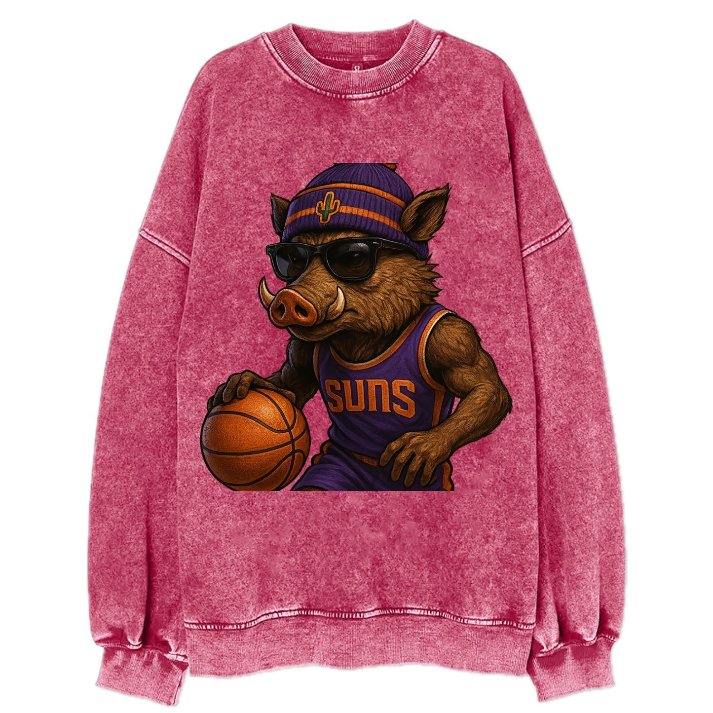 Phoenix Javelina wearing Suns beanie with cactus patch and wayfarer sunglasses - Vintage Sweatshirt - Pink