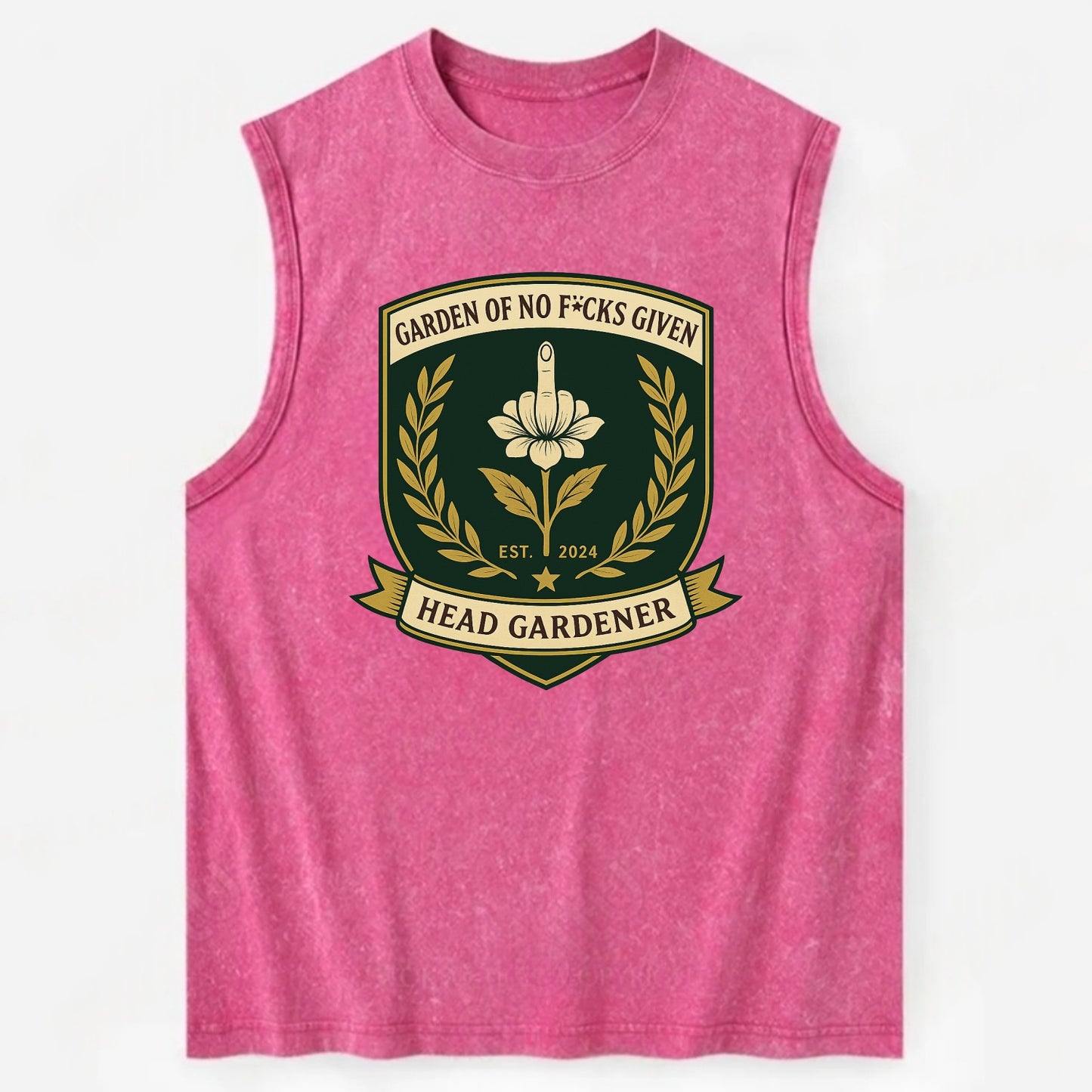 Shield with middle finger flower - "Garden of No F*cks Given - Head Gardener" - Vintage Washed Tank - Pink