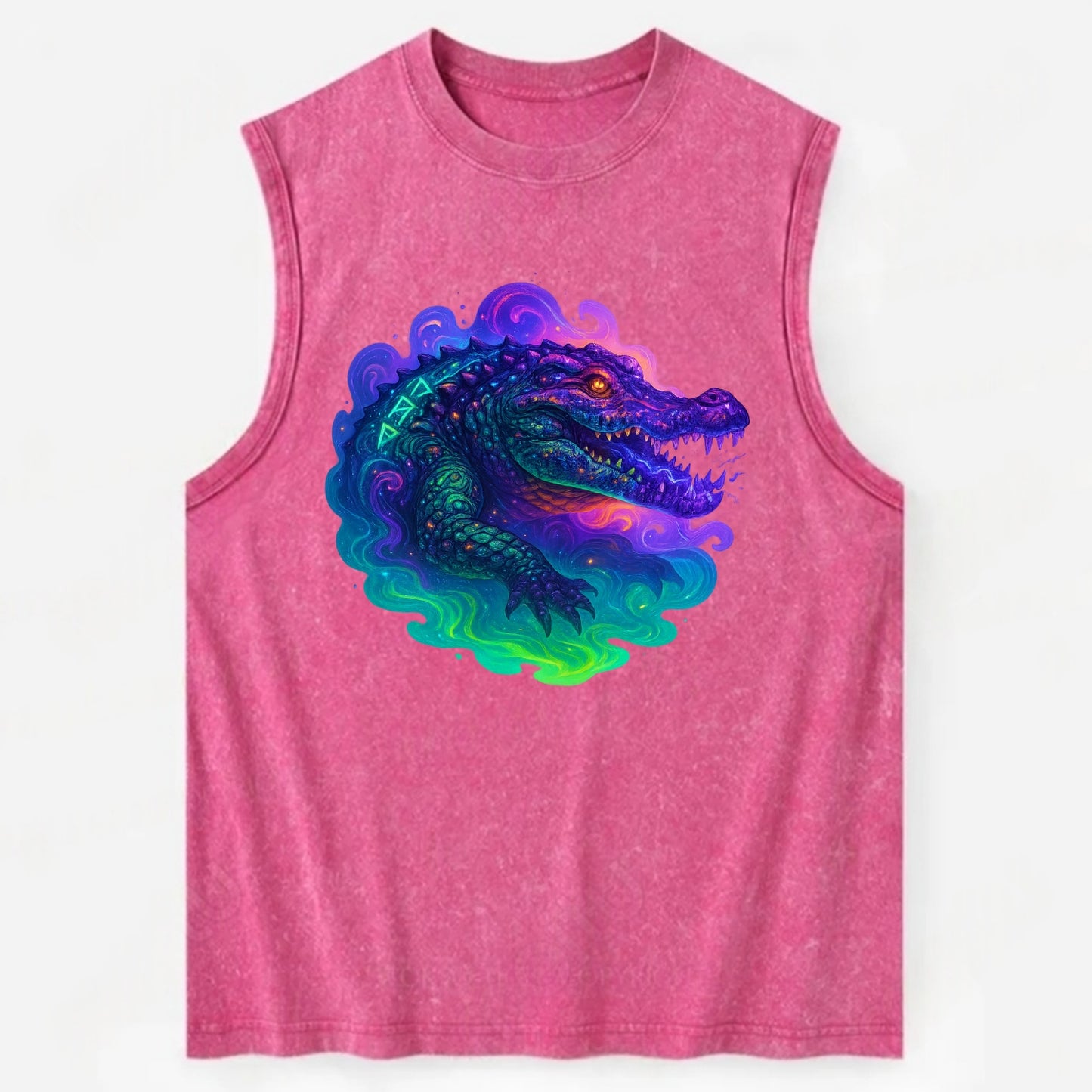 Primordial crocodile with scales pulsing plasma energy in green and purple, - Vintage Washed Tank - Pink