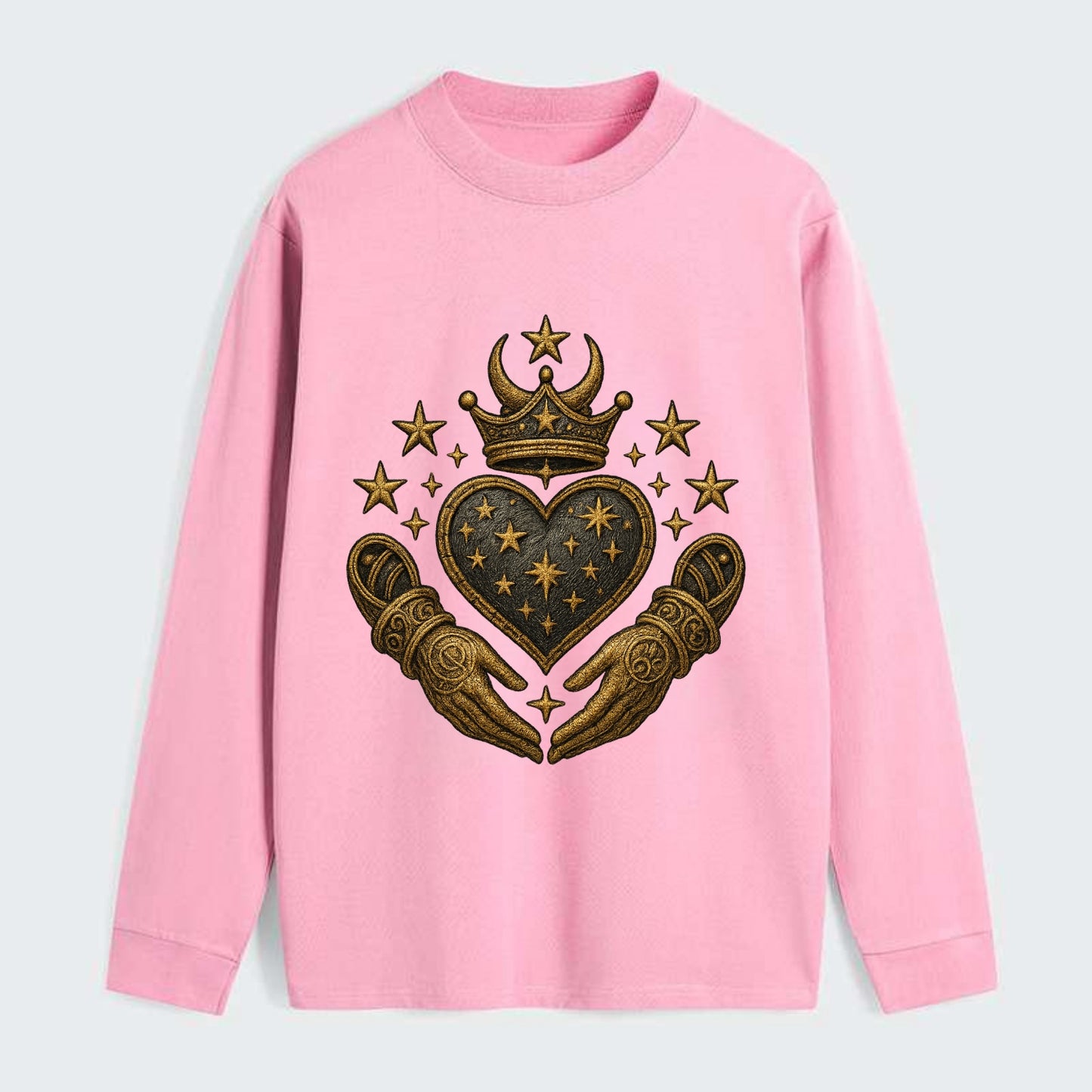 Weathered antique brass crown above a hammered gunmetal heart framed by - Classic Long Sleeve Shirt - Pink