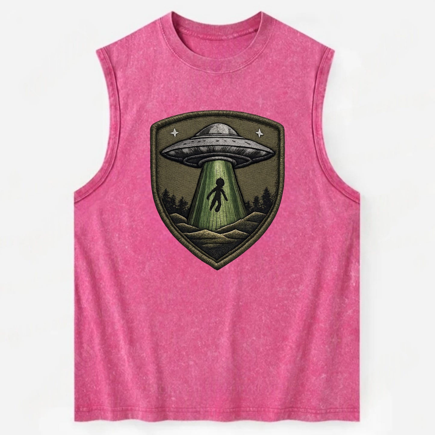 UFO ALIEN - flying saucer with beam in silver and green , extraterrestrial - Vintage Washed Tank - Pink