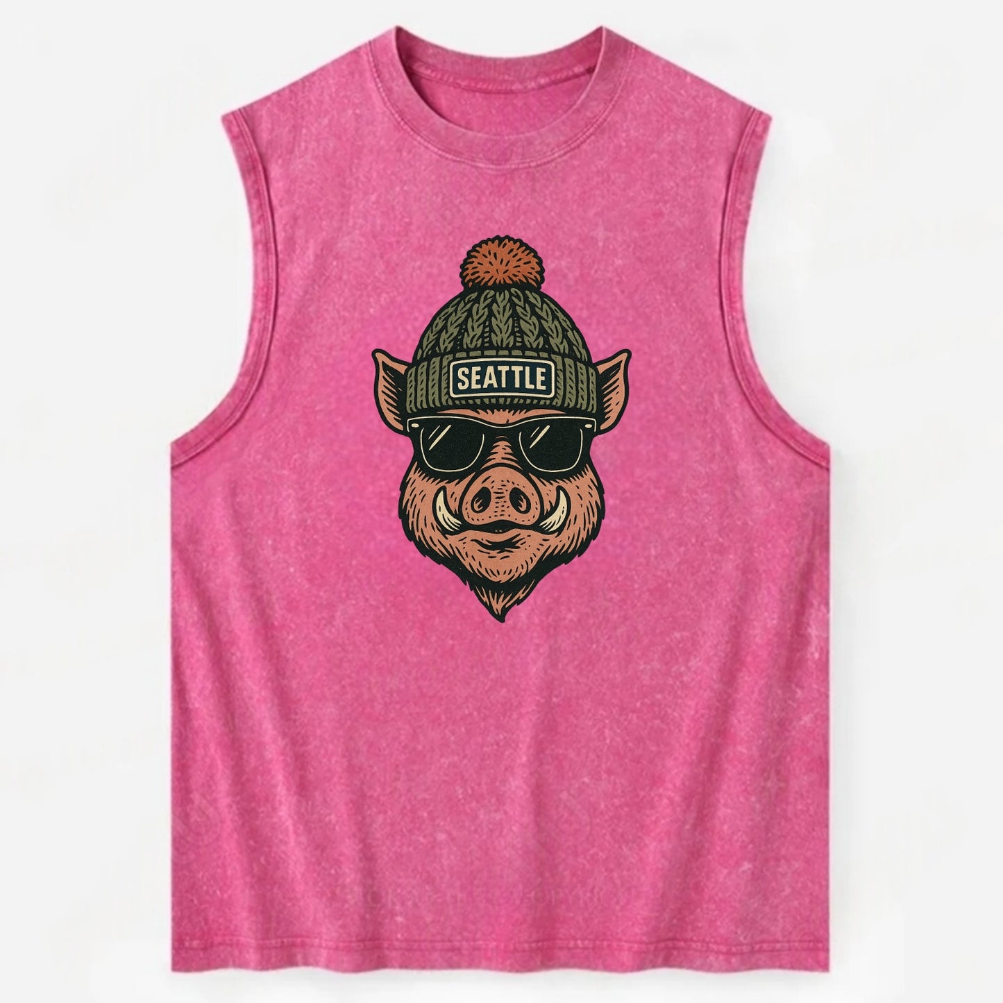 Washington Hog wearing Seattle beanie with pom pom and wayfarer sunglasses - Vintage Washed Tank - Pink
